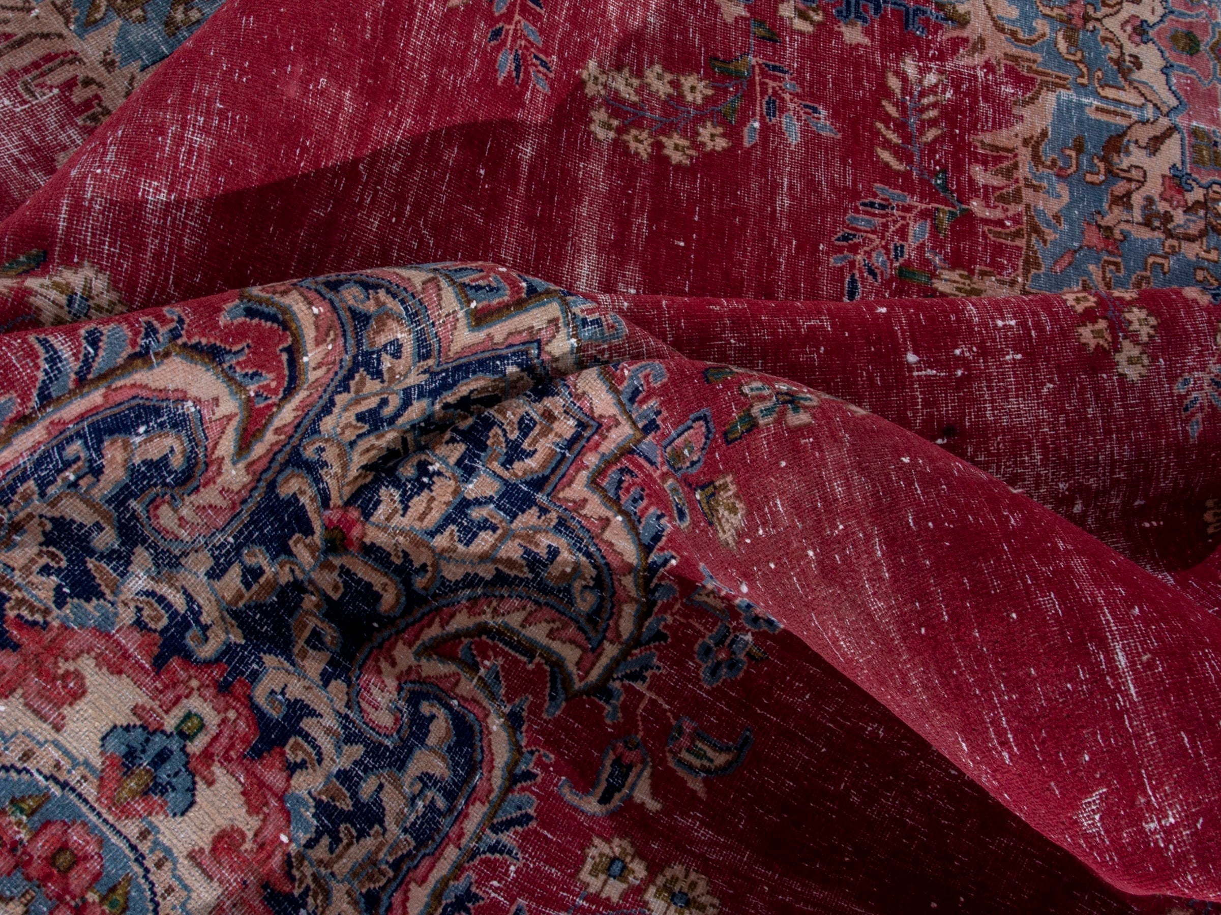 Persian Kerman oversized rug in deep red and denim, view 18 of 20