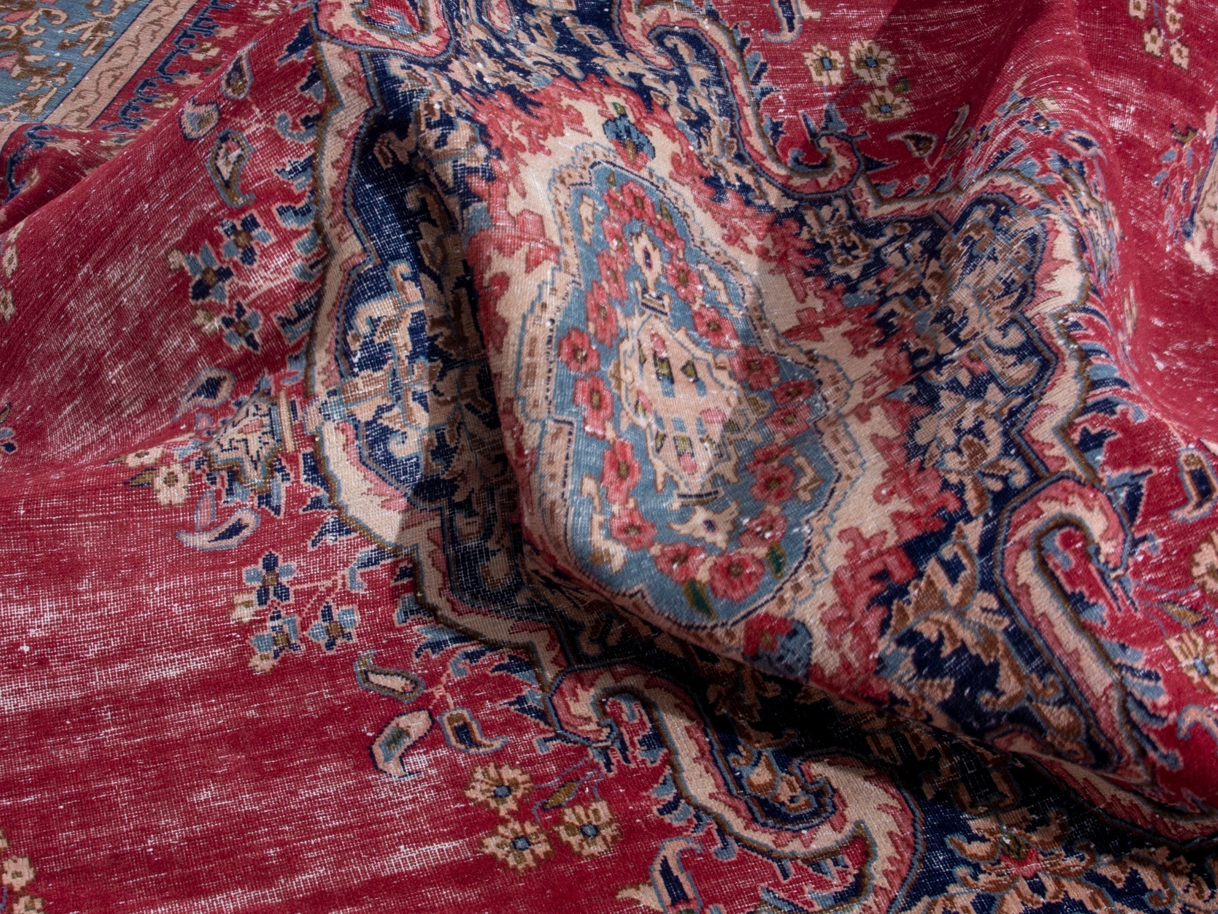 Persian Kerman oversized rug in deep red and denim, view 19 of 20