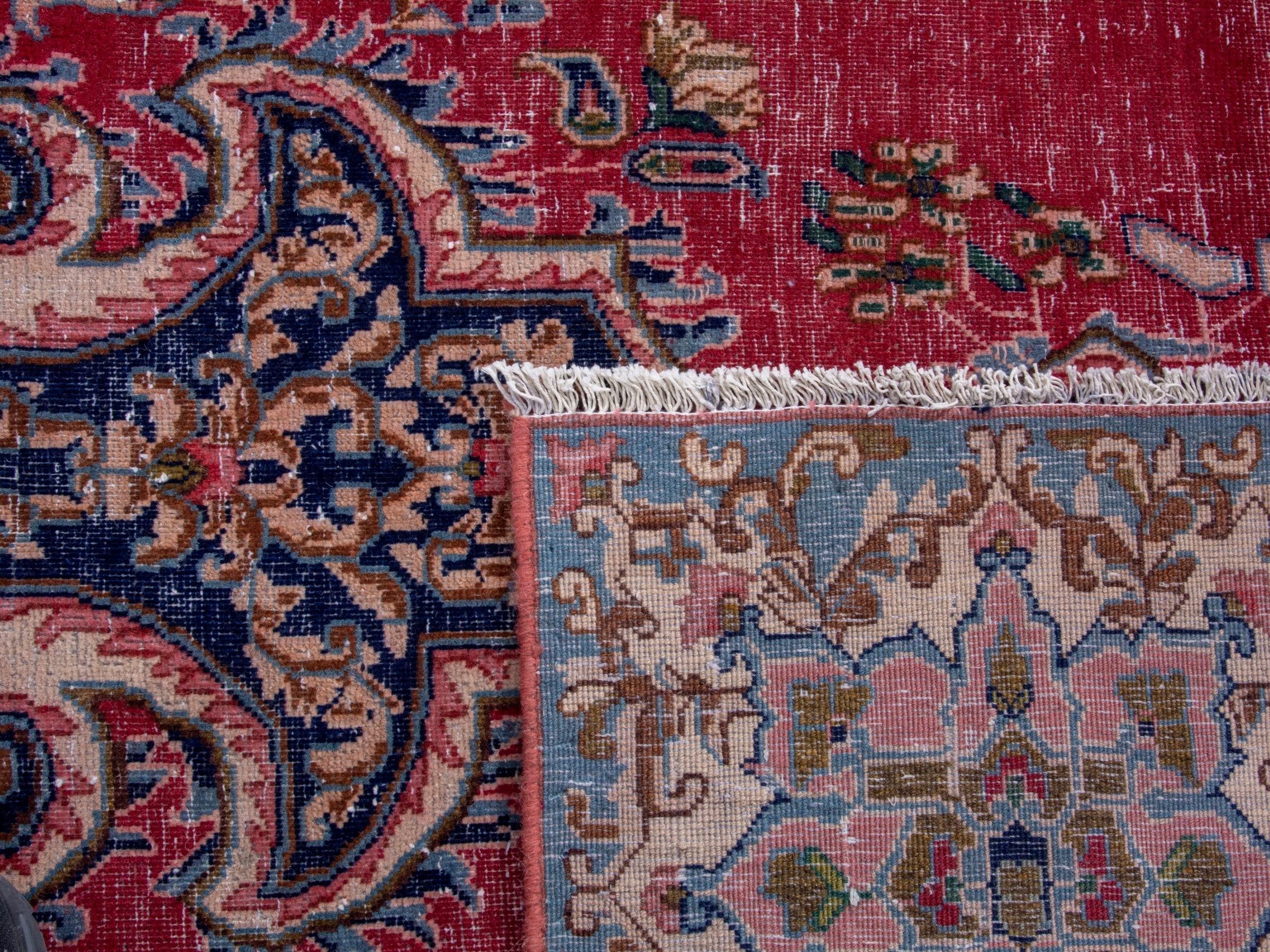 Persian Kerman oversized rug in deep red and denim, view 20 of 20