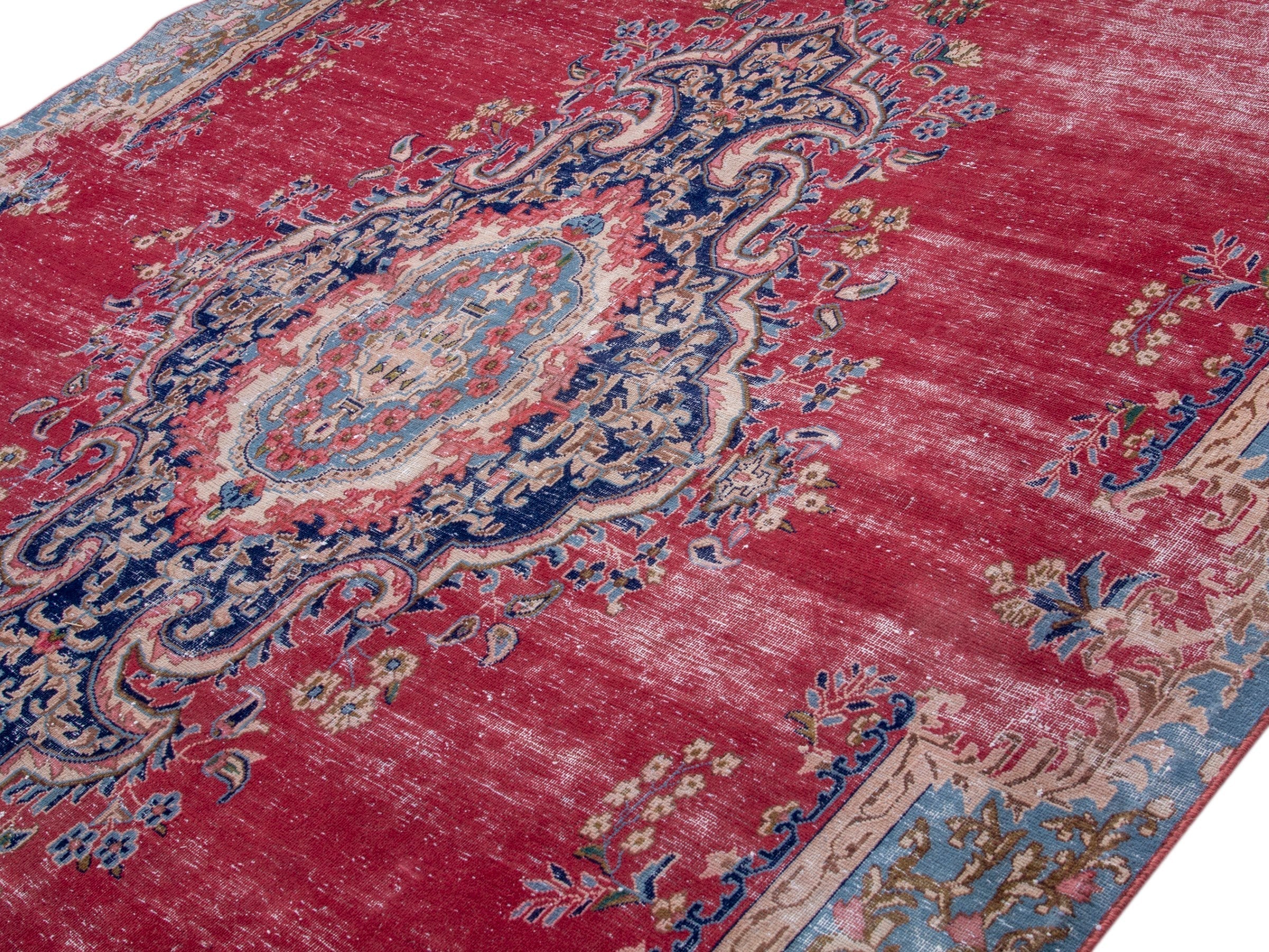 Persian Kerman oversized rug in deep red and denim, view 4 of 20