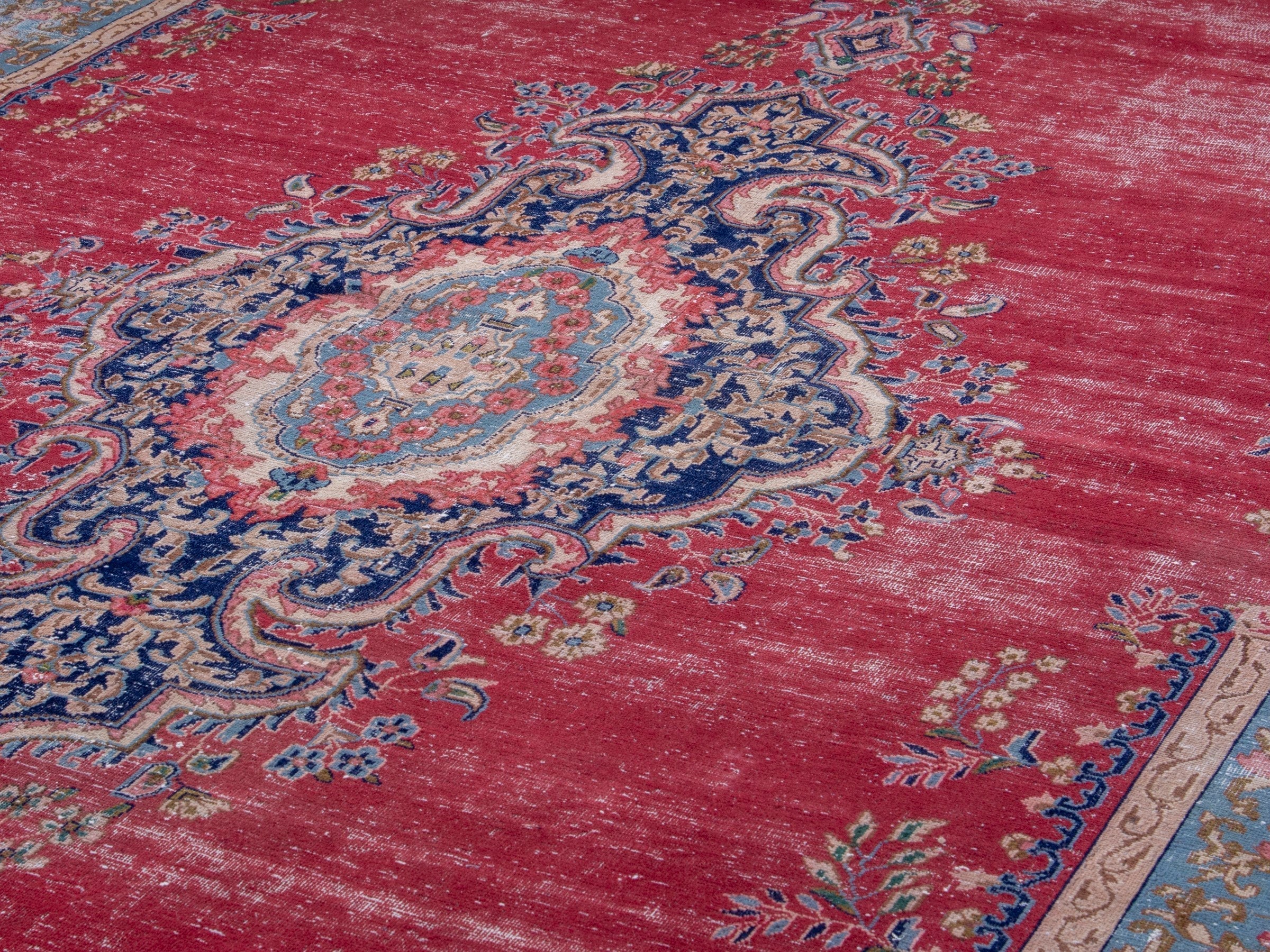 Persian Kerman oversized rug in deep red and denim, view 7 of 20