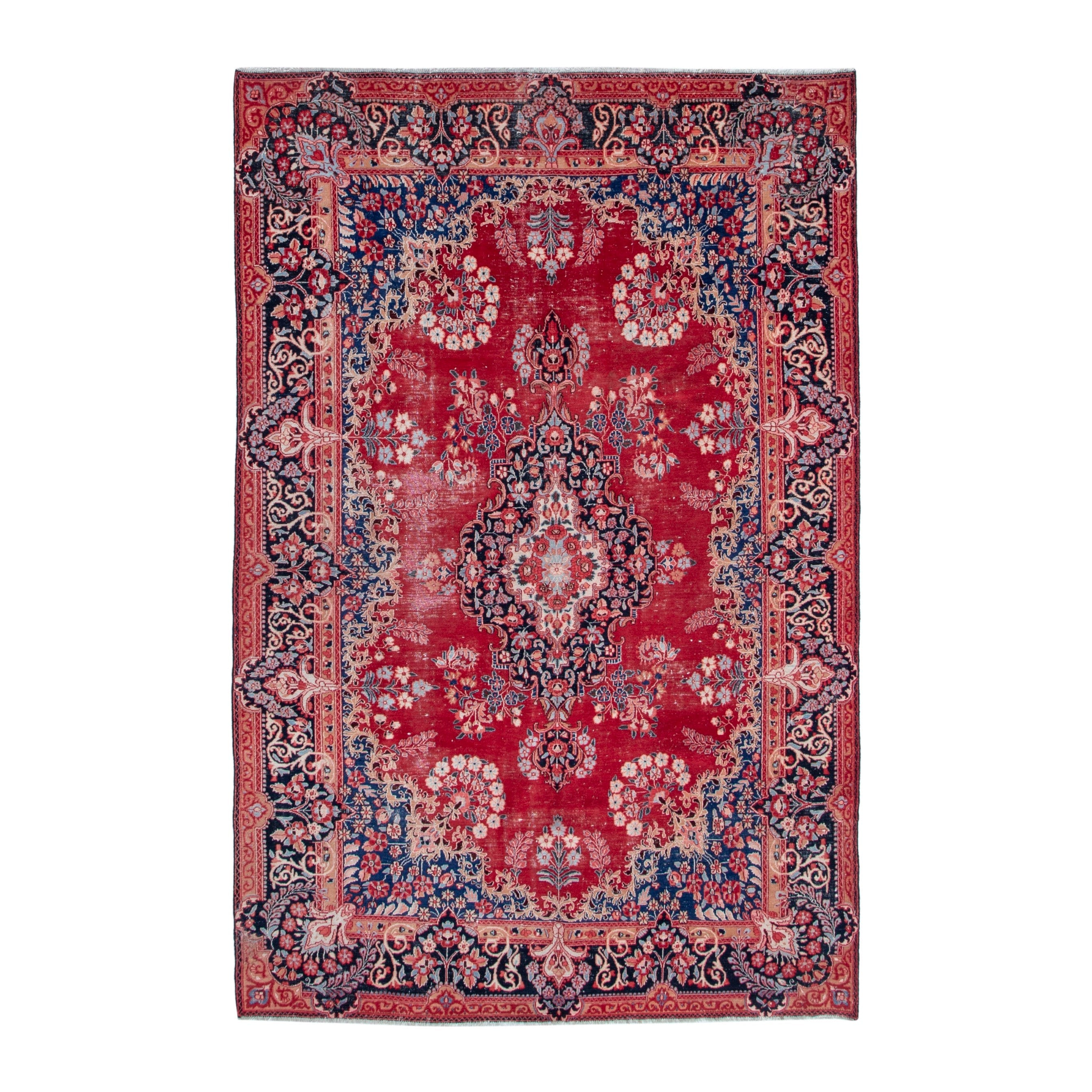 Persian Birjand area rug in deep red and navy, 6'8" x 10'