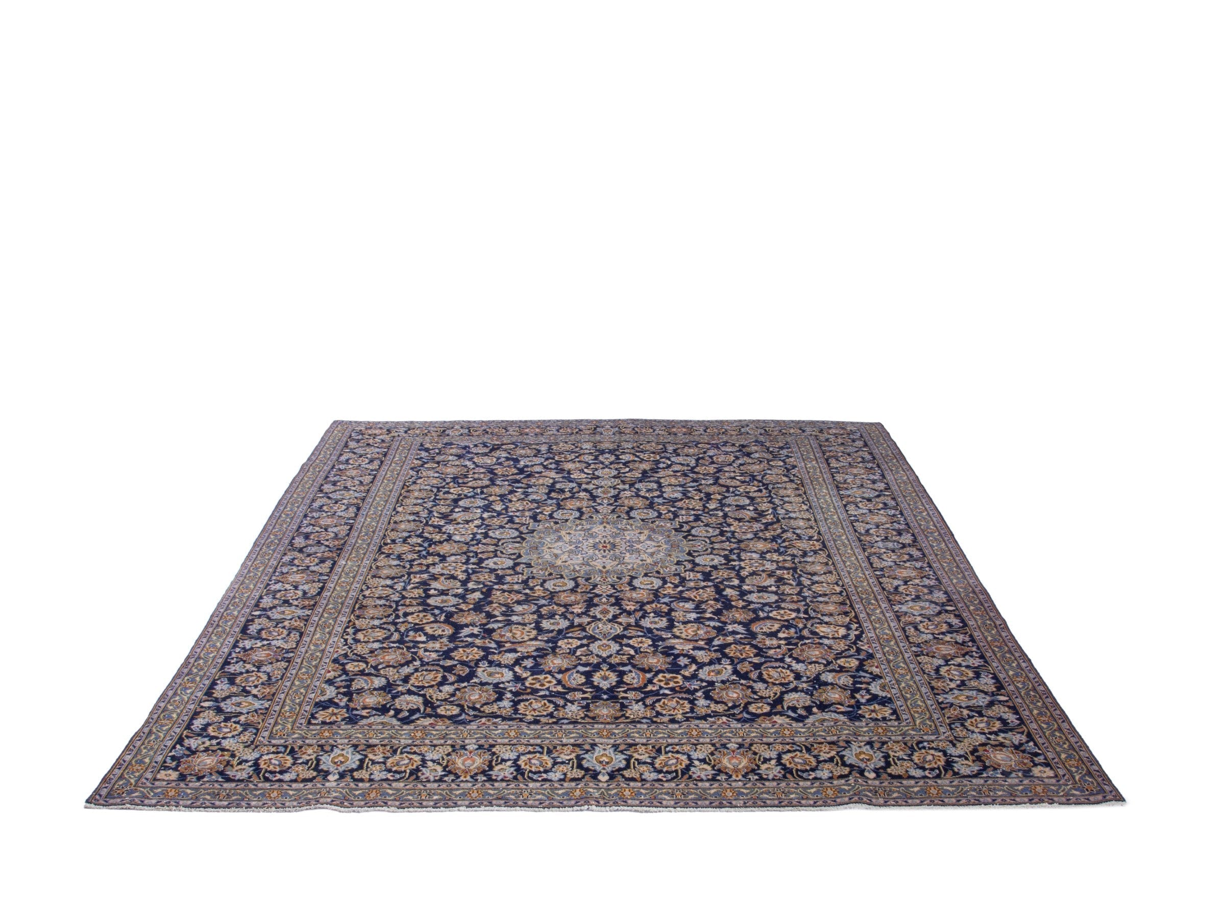 Persian Kashan oversized rug in navy and tan, view 2 of 19