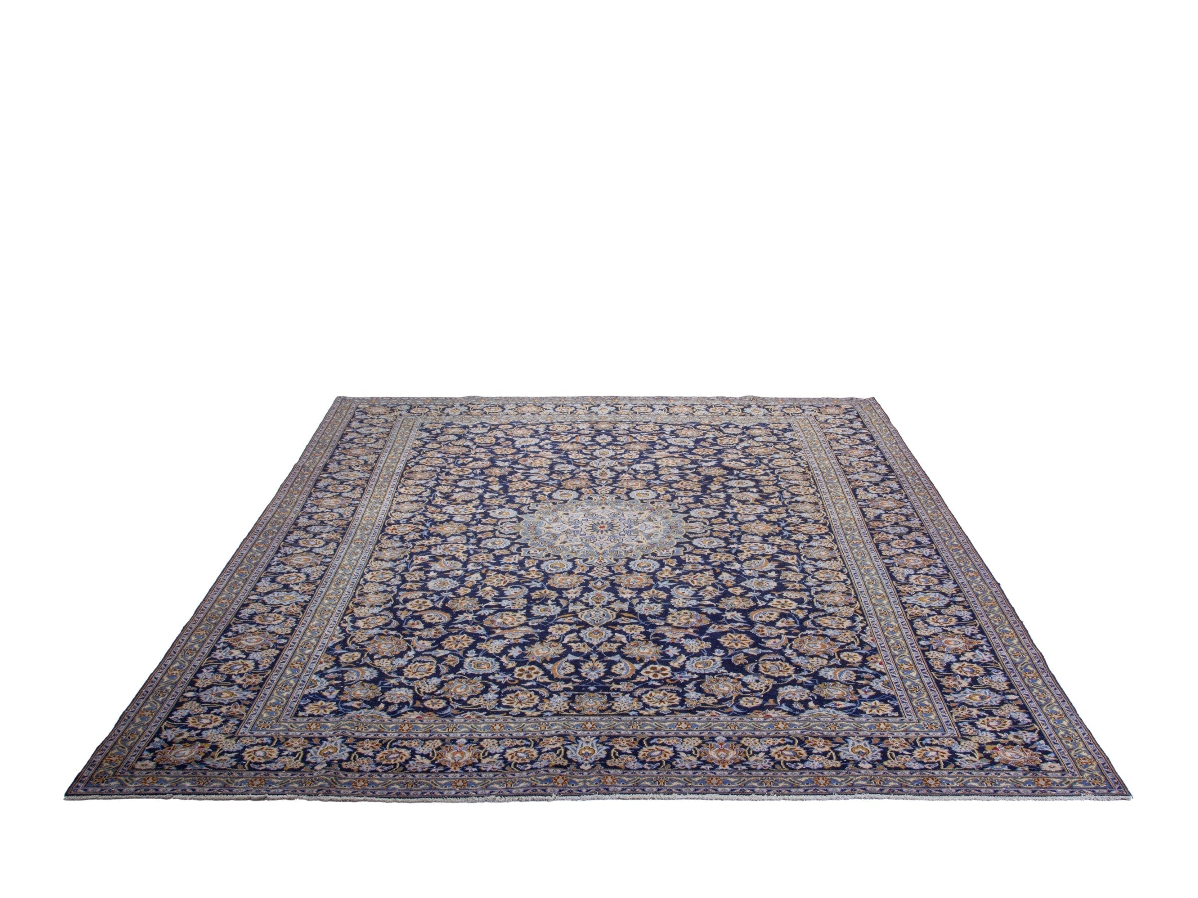 Persian Kashan oversized rug in navy and tan, view 3 of 19