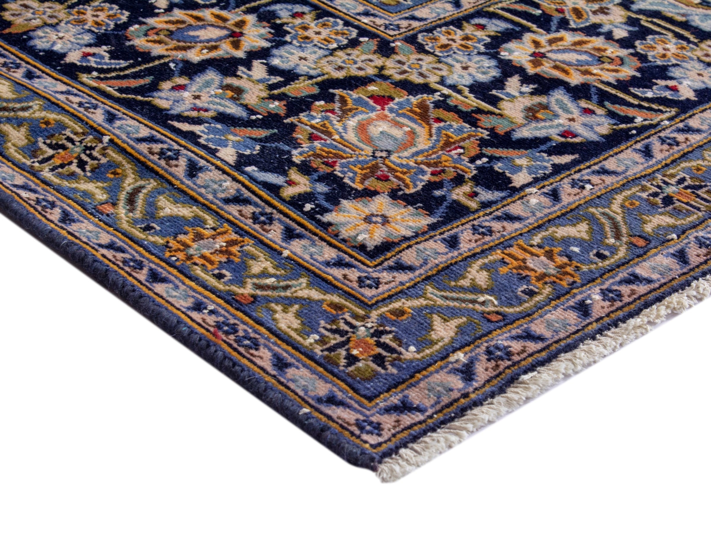 Persian Kashan oversized rug in navy and tan, view 5 of 19