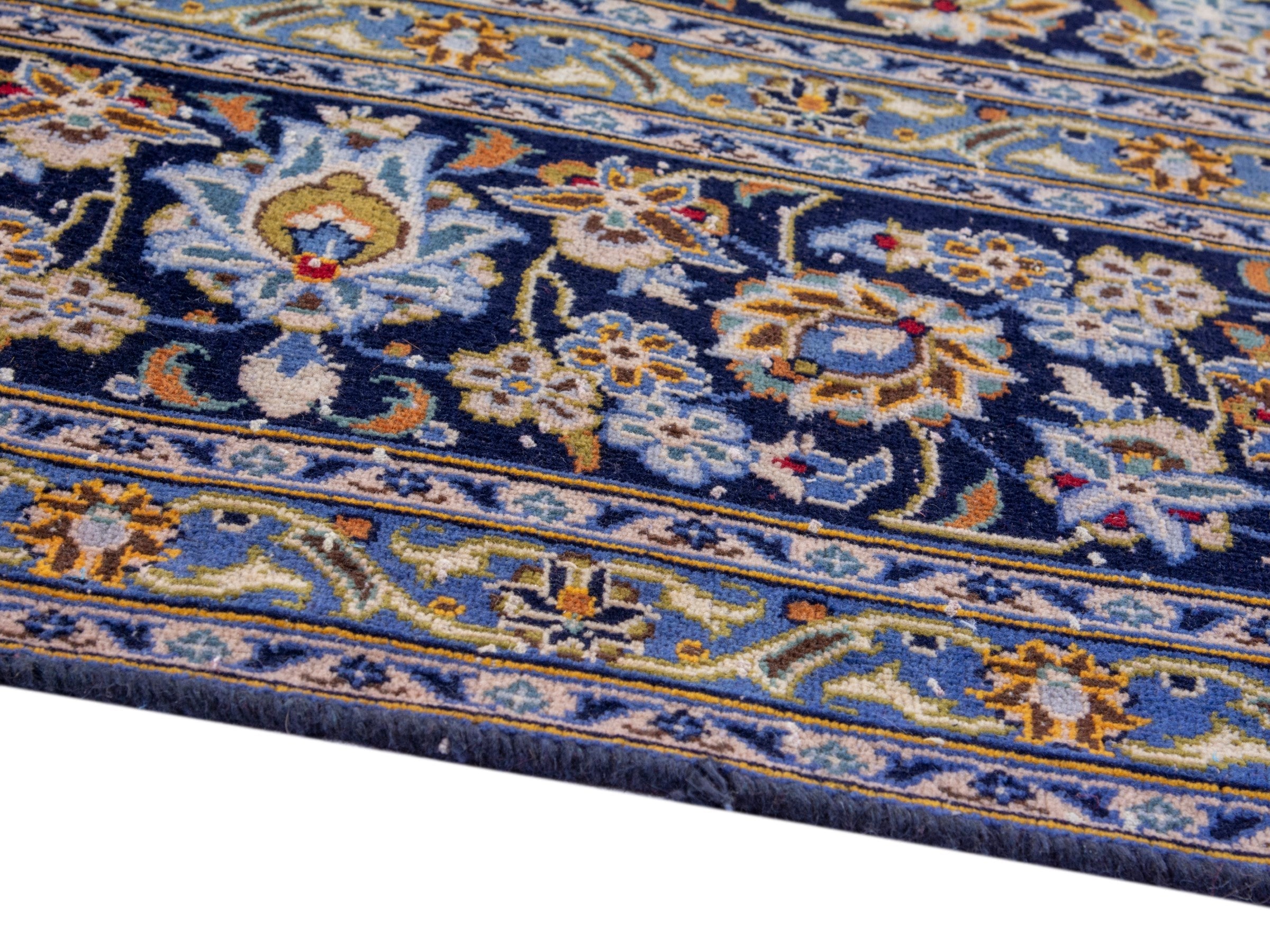 Persian Kashan oversized rug in navy and tan, view 6 of 19