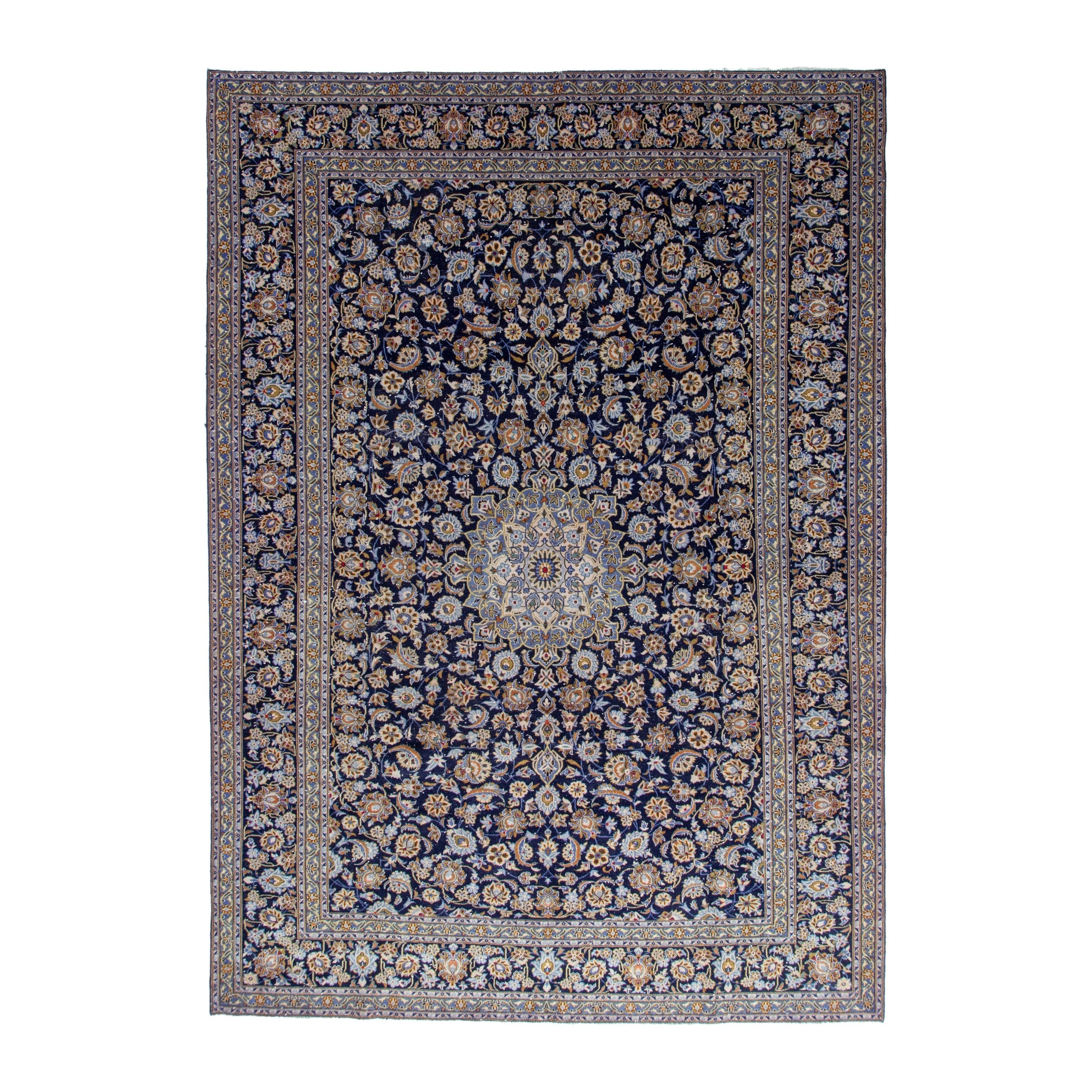 Persian Kashan oversized rug in navy and tan, 9'10" x 13'3"