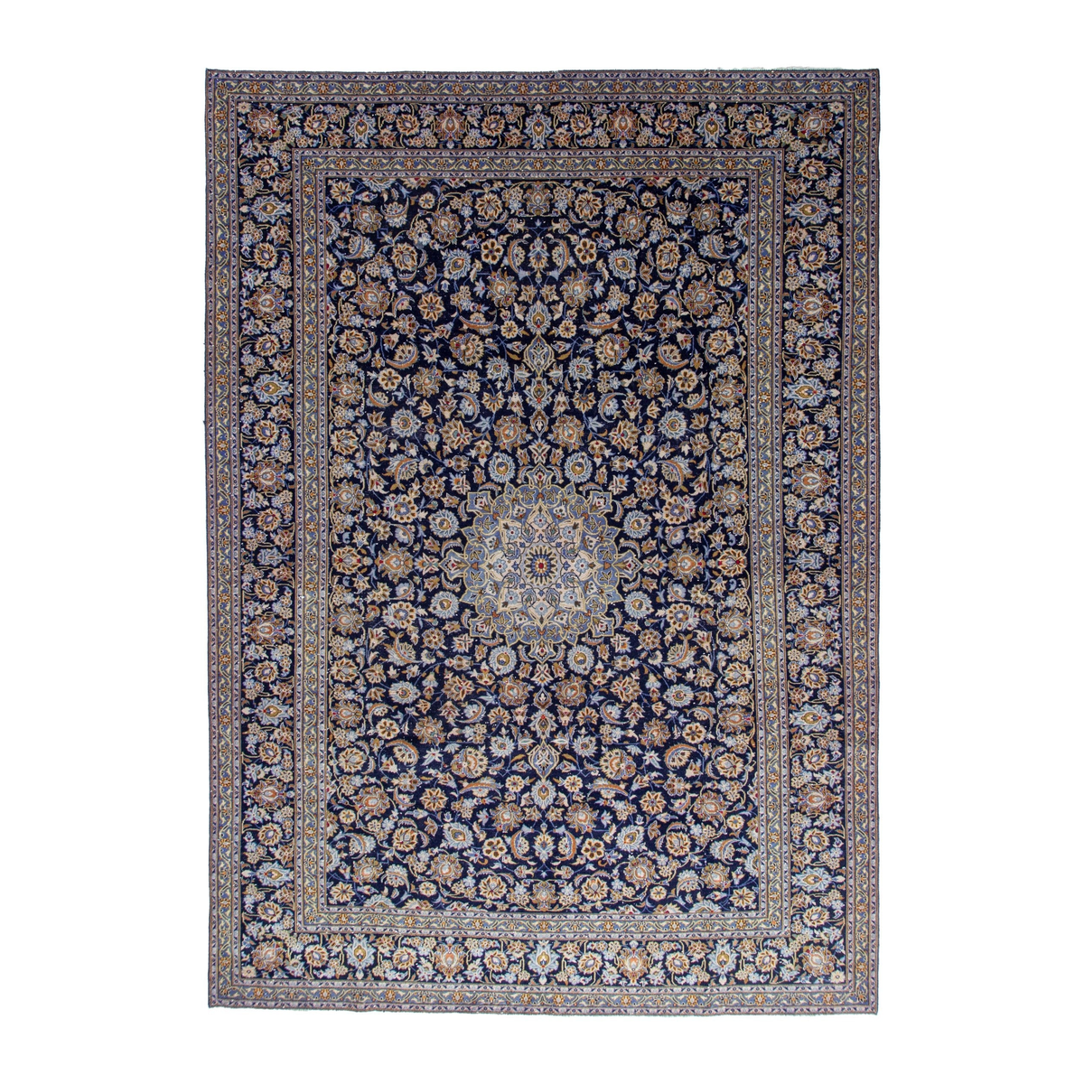 Persian Kashan oversized rug in navy and tan, 9'10" x 13'3"