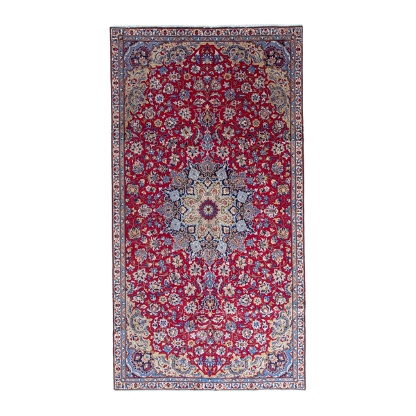 Persian Najafabad oversized rug in deep red and denim, 6'7" x 12'4"