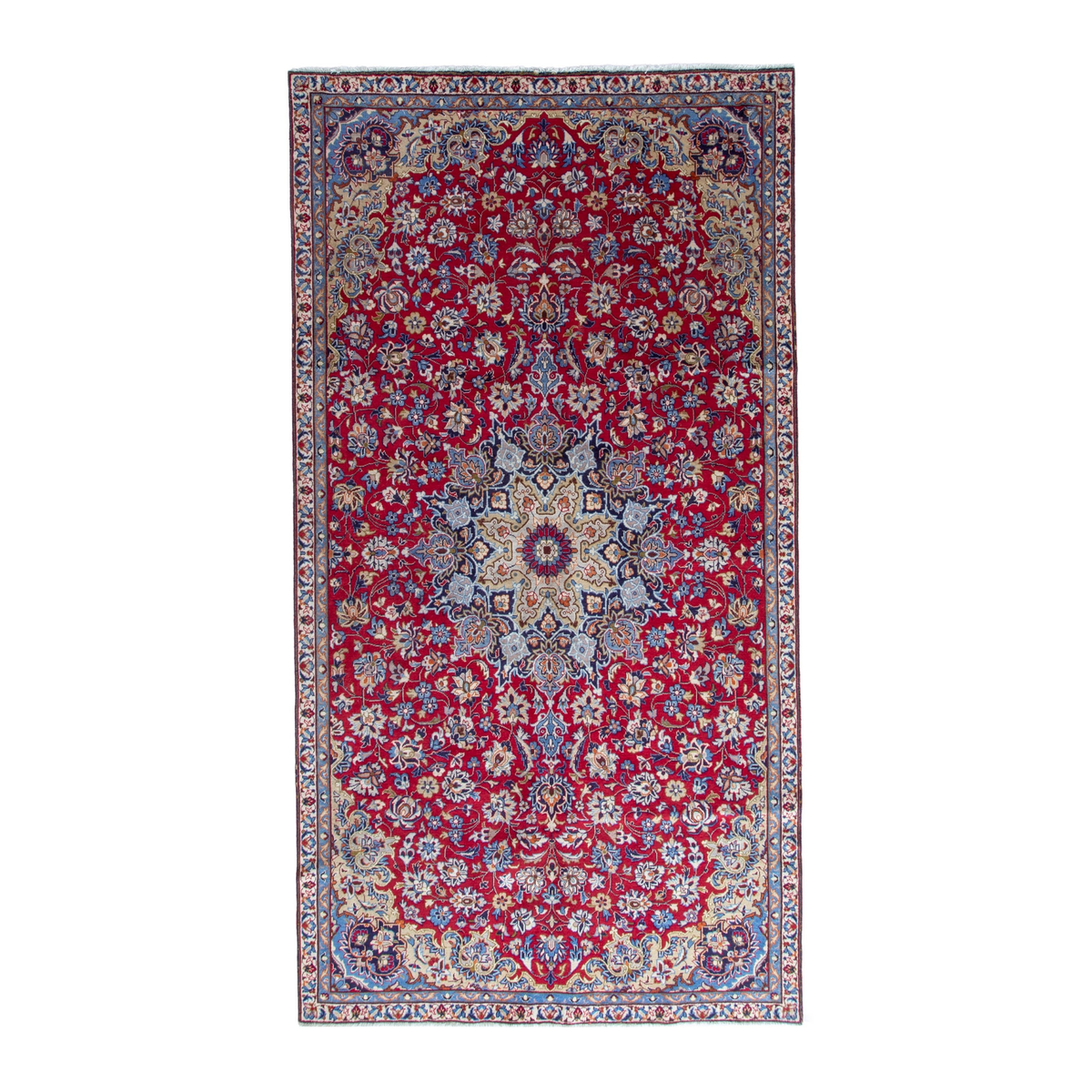 Persian Najafabad oversized rug in deep red and denim, 6'7" x 12'4"