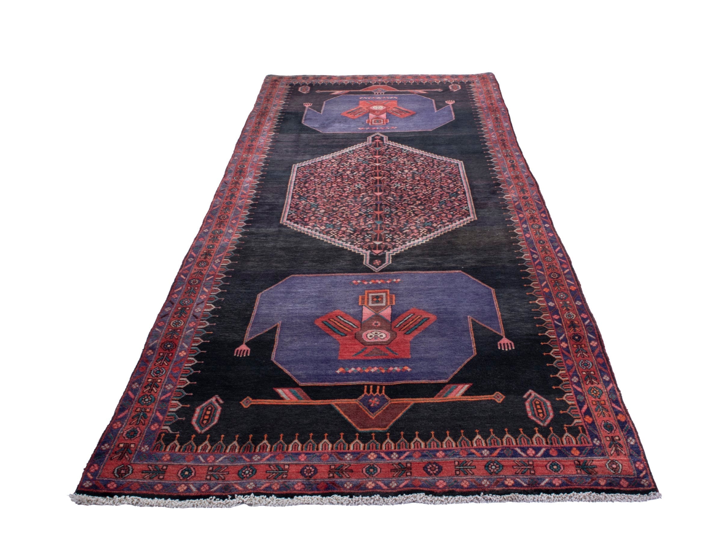 Persian Songhor area rug in navy and burgundy, view 3 of 18