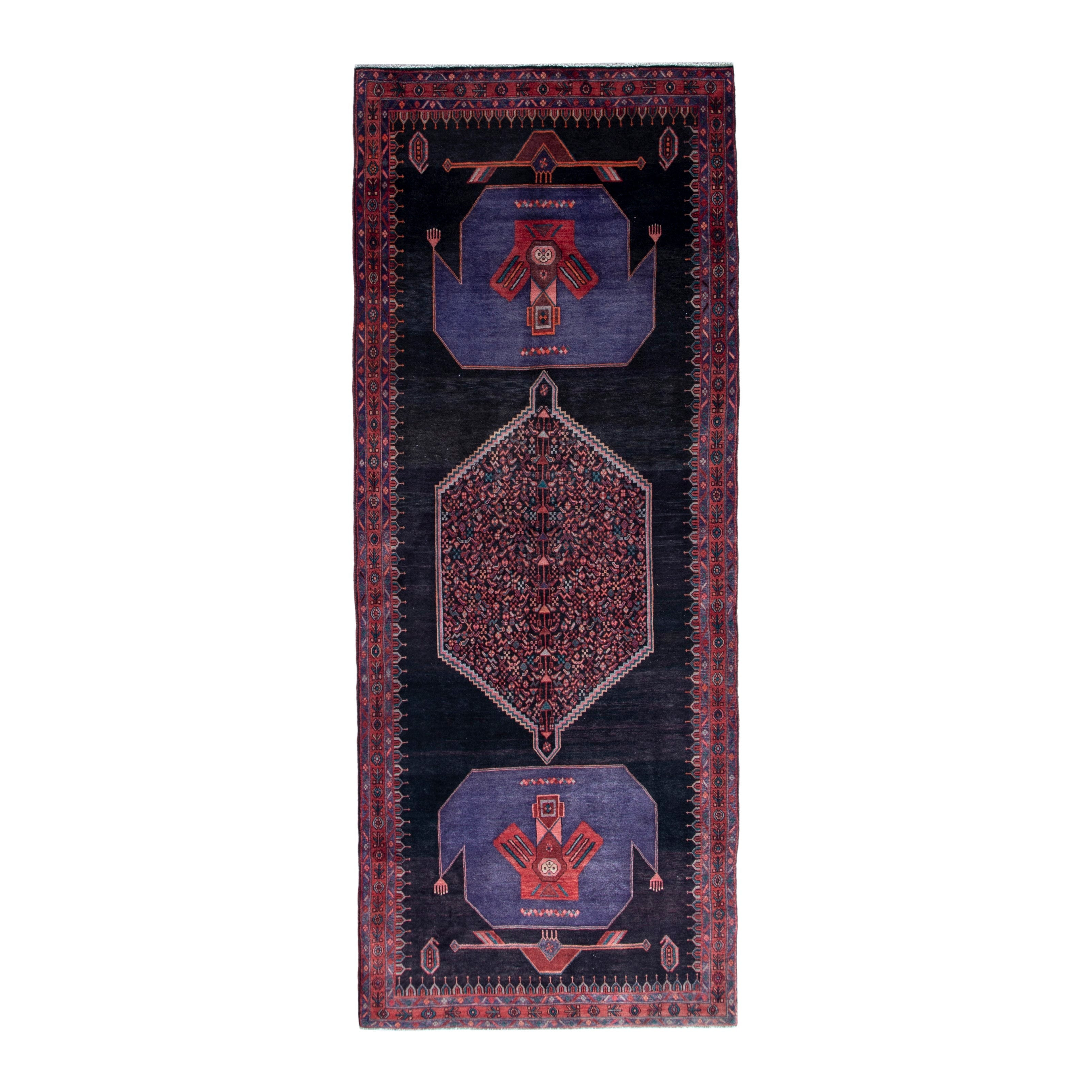 Persian Songhor area rug in navy and burgundy, 4'9" x 12'7"