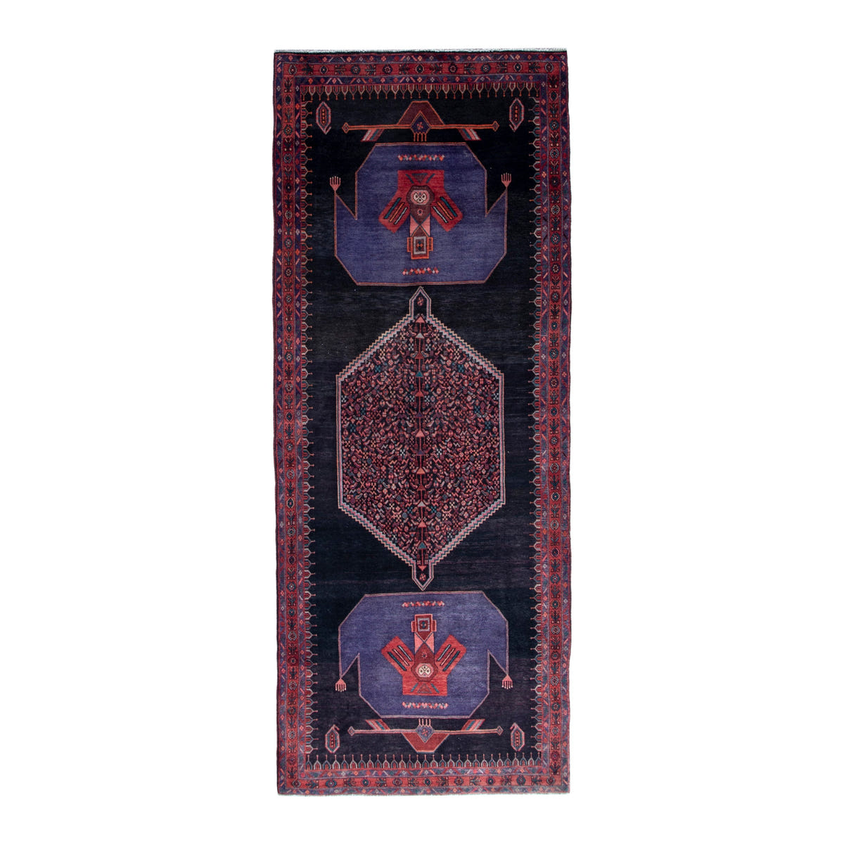 Persian Songhor area rug in navy and burgundy, 4'9" x 12'7"