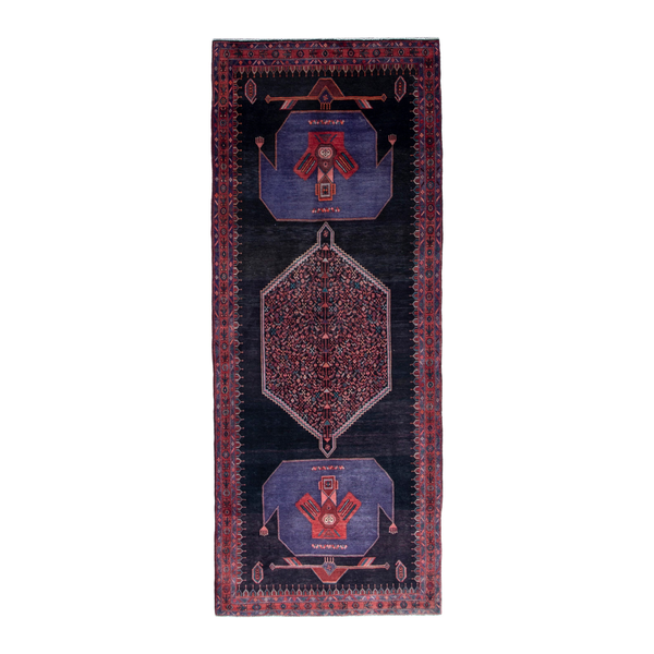 Persian Songhor runner rug in navy and burgundy, 4'9" x 12'7"