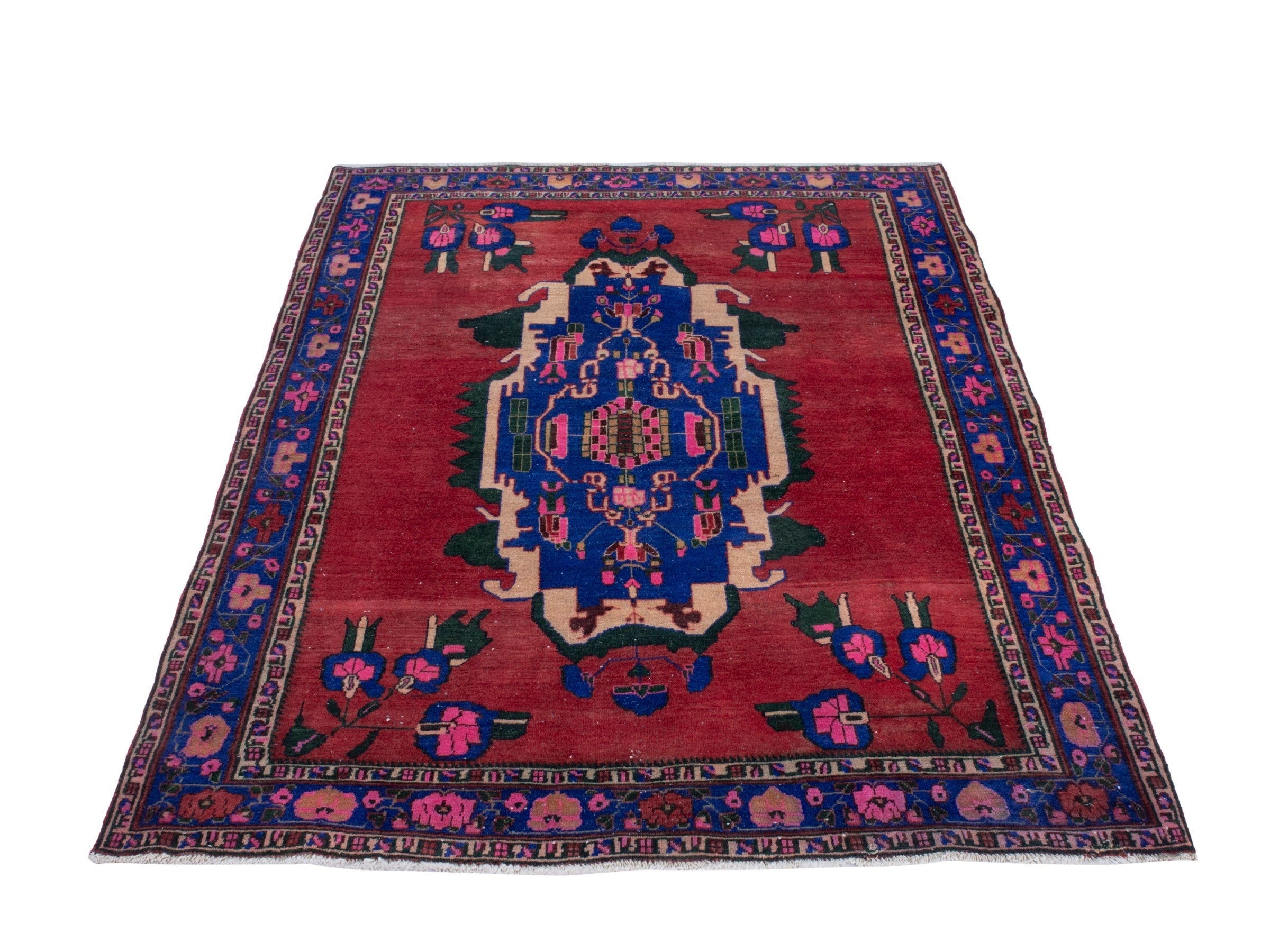 Persian Sirjan area rug in deep red and dark blue, view 3 of 19