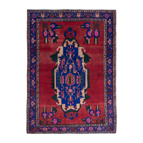 Persian Sirjan area rug in deep red and dark blue, 4'9" x 6'8"