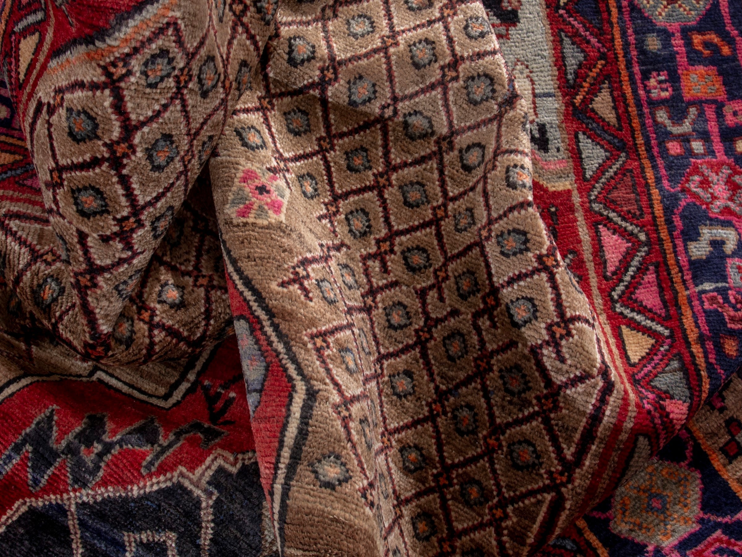 Persian Songhor area rug in beige and deep red, view 16 of 18