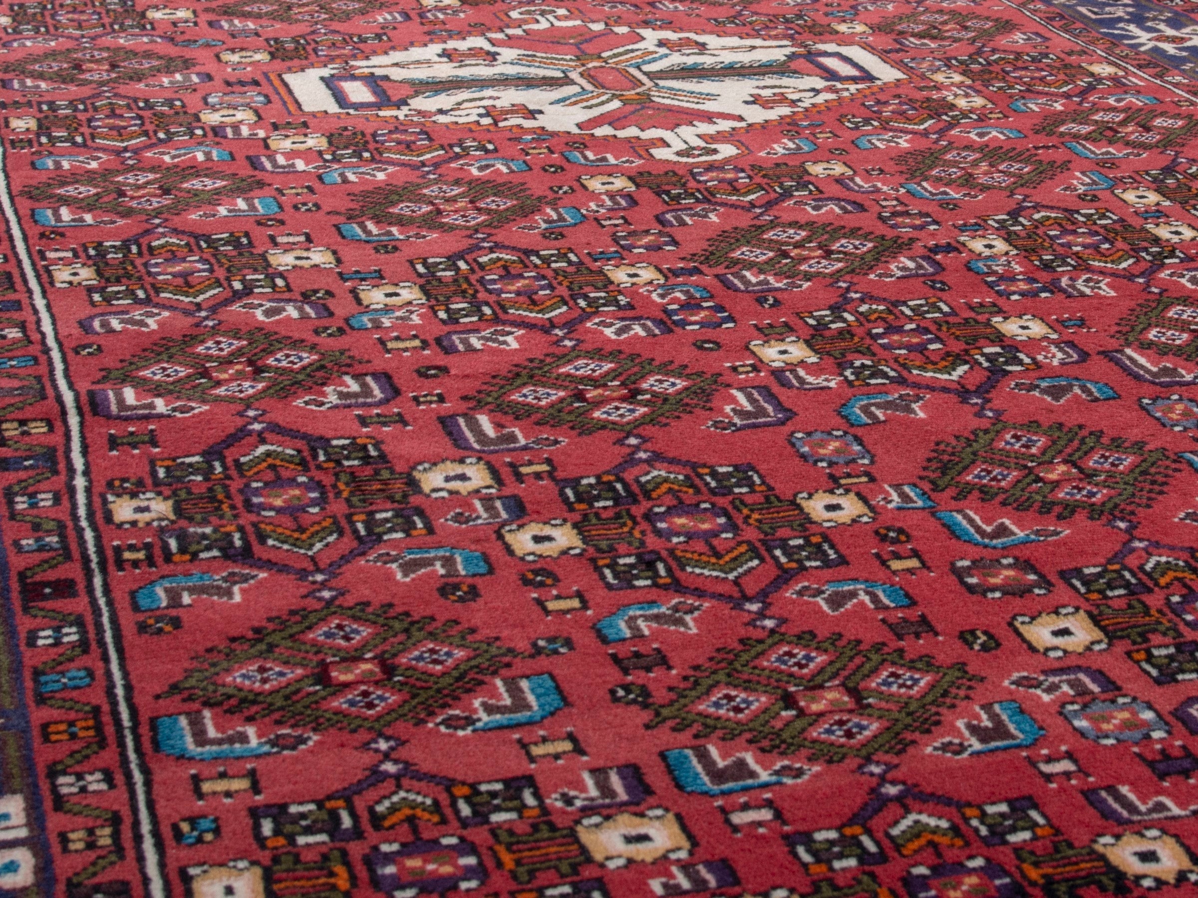 Persian Hamedan area rug in deep red and navy, view 8 of 20