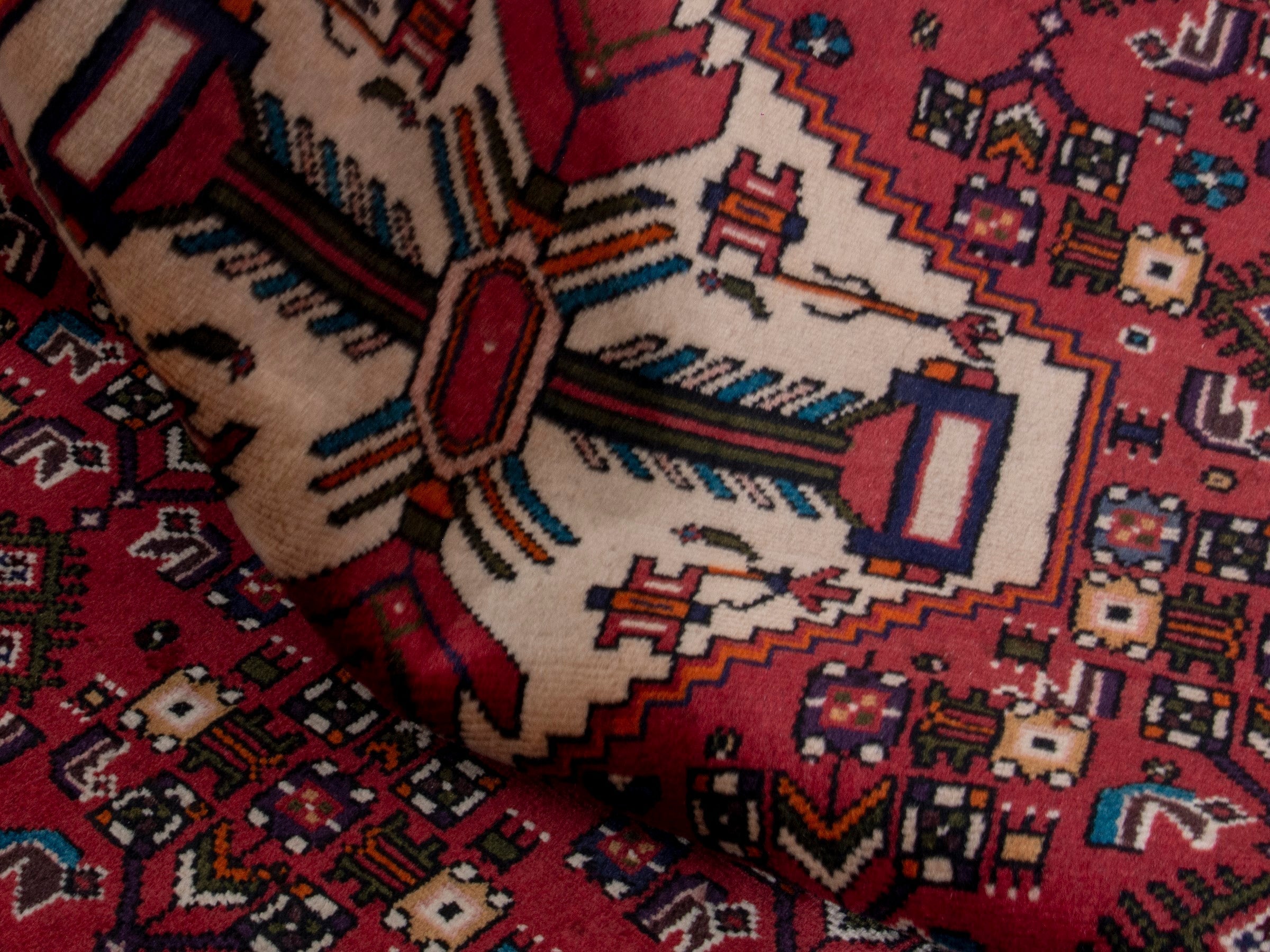 Persian Hamedan area rug in deep red and navy, view 19 of 20