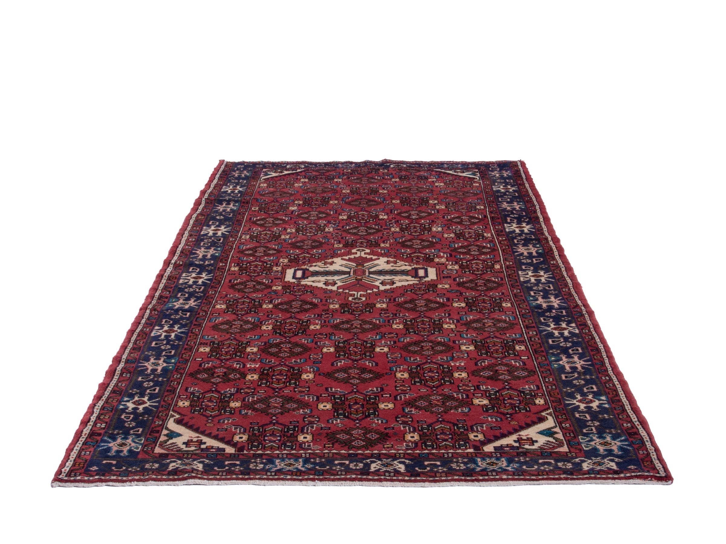 Persian Hamedan area rug in deep red and navy, view 2 of 20