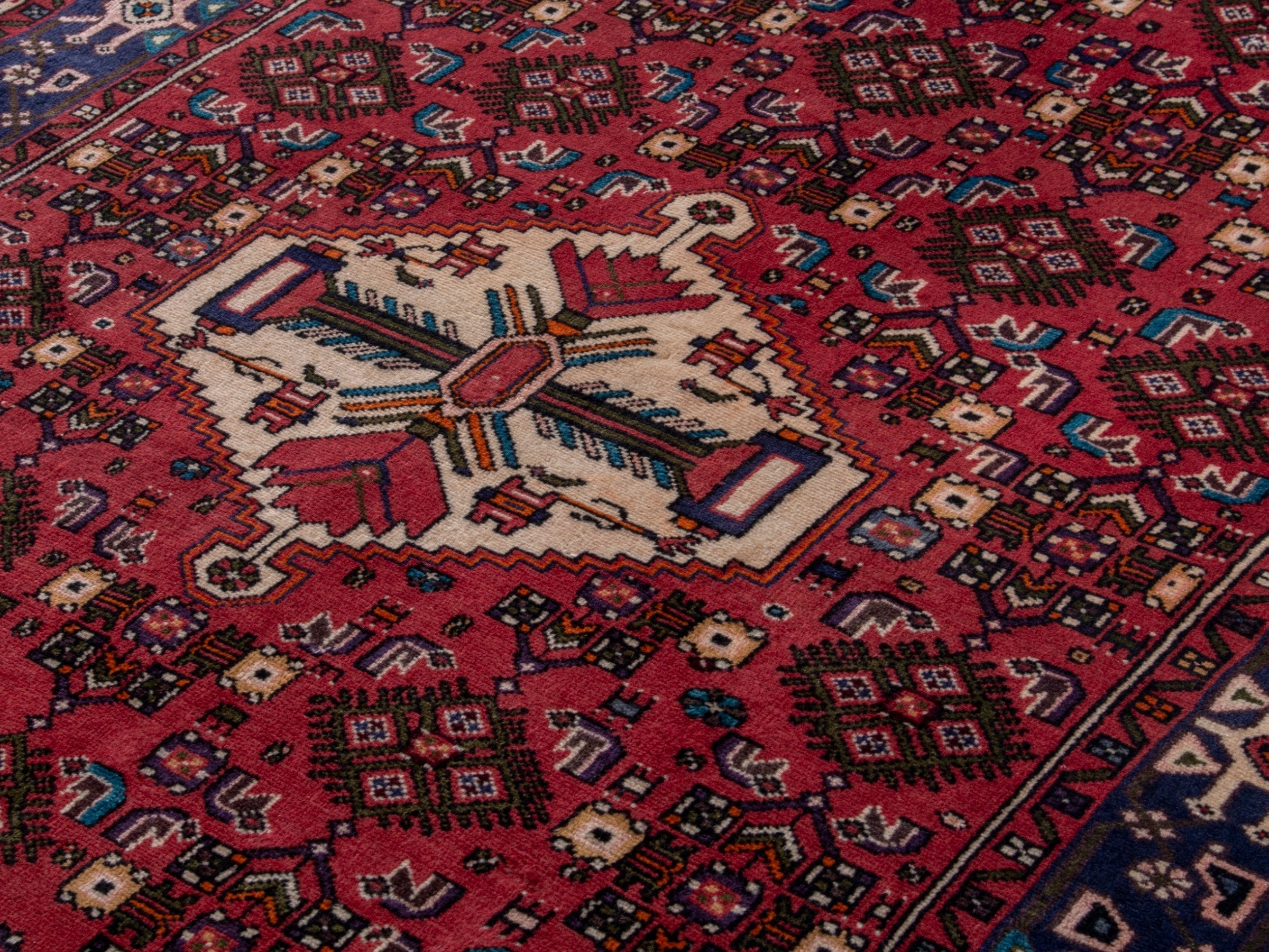 Persian Hamedan area rug in deep red and navy, view 7 of 20
