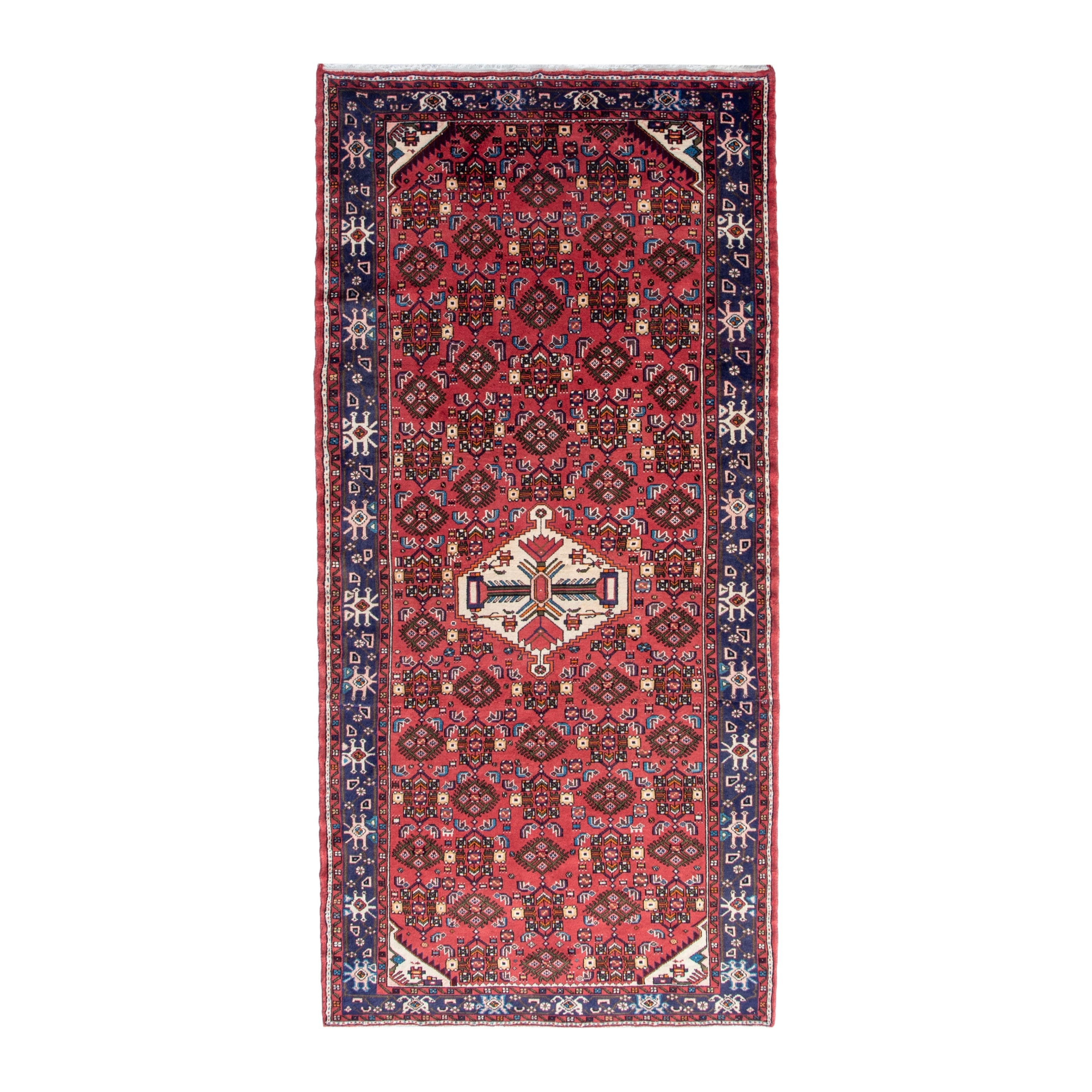 Persian Hamedan area rug in deep red and navy, 4'11" x 10'8"