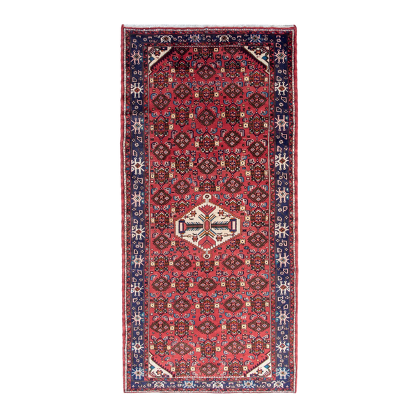 Persian Hamadan runner rug in deep red and navy, 4'11" x 10'8"