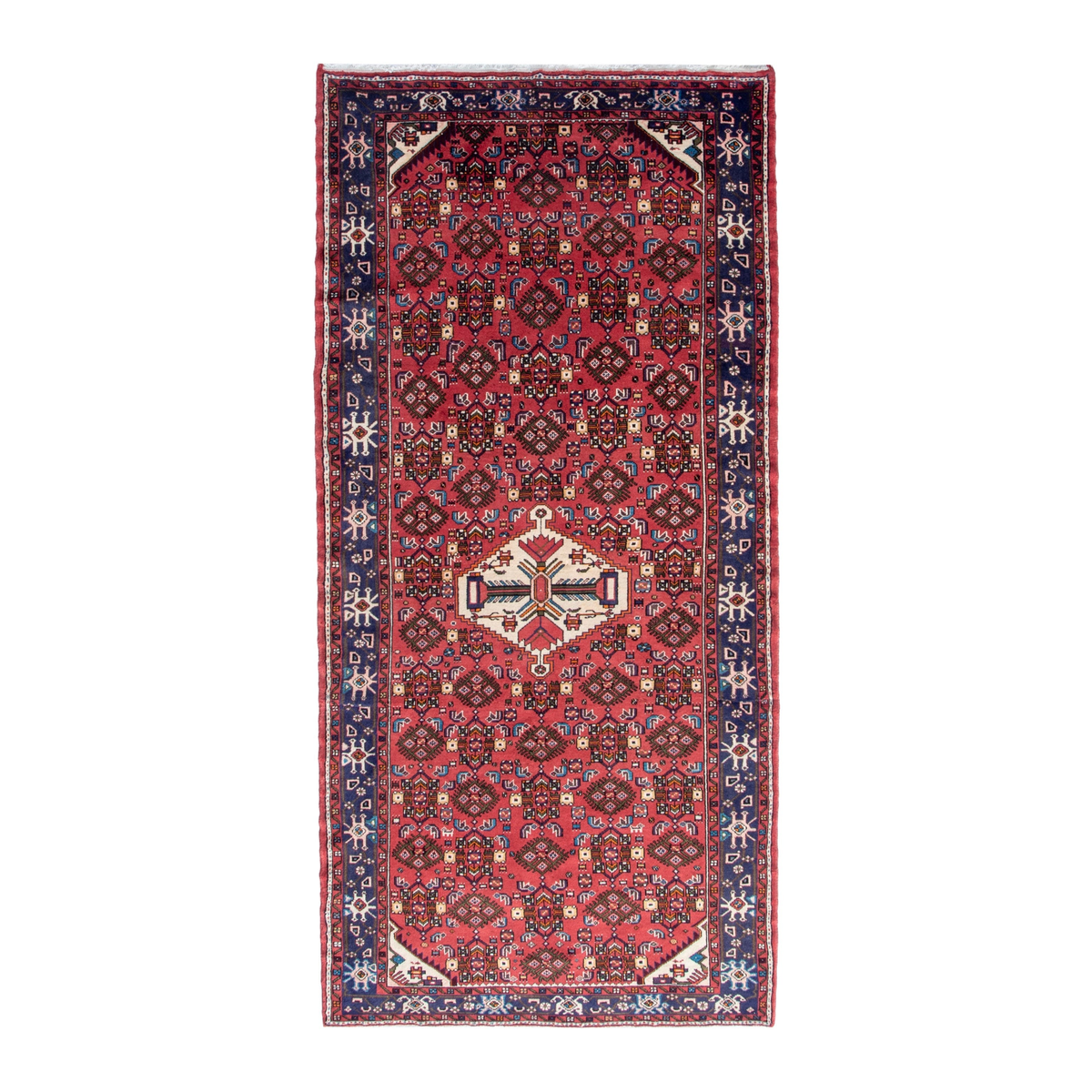 Persian Hamedan area rug in deep red and navy, 4'11" x 10'8"