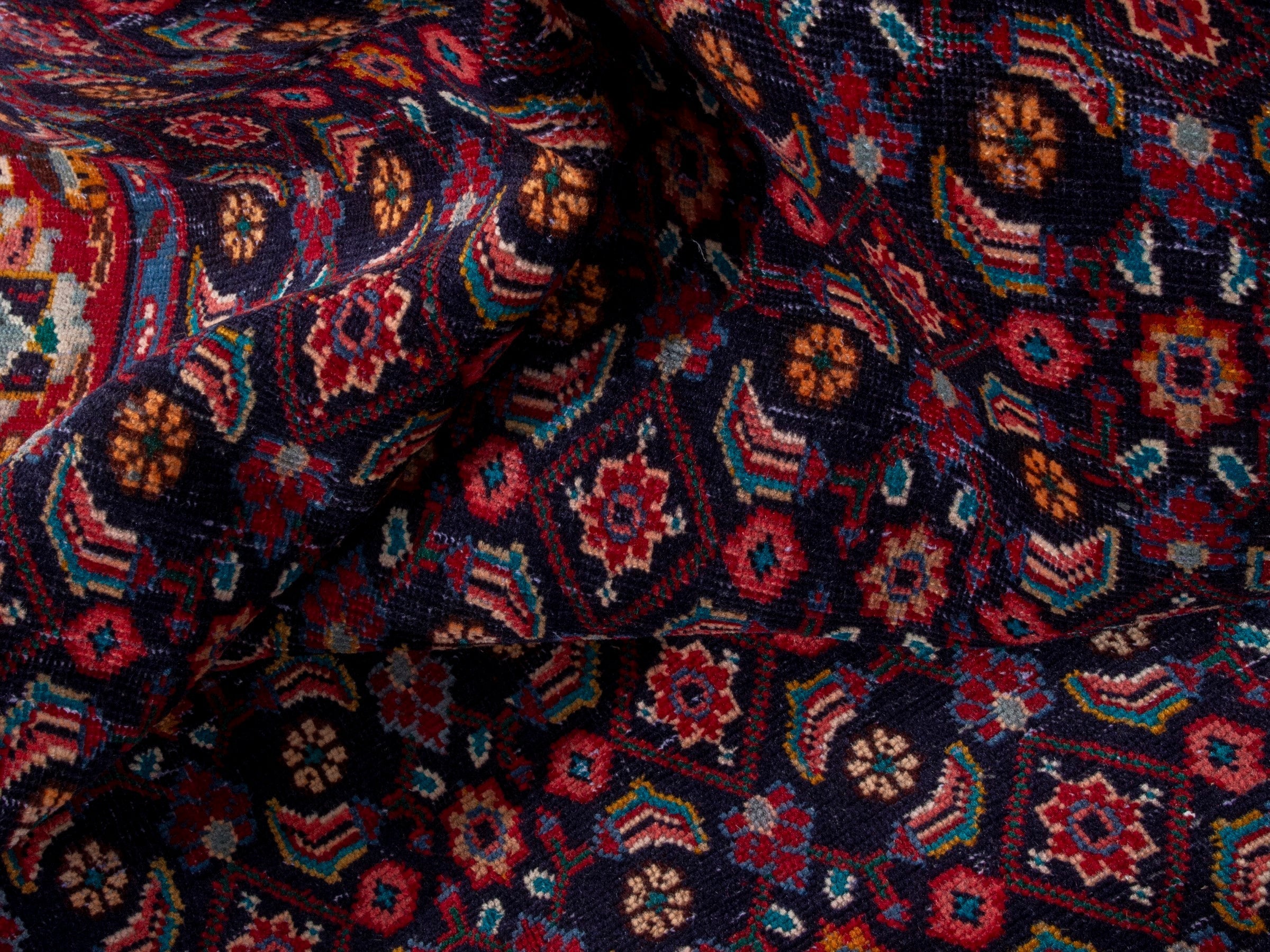 Persian Mahal area rug in navy and deep red, view 19 of 20