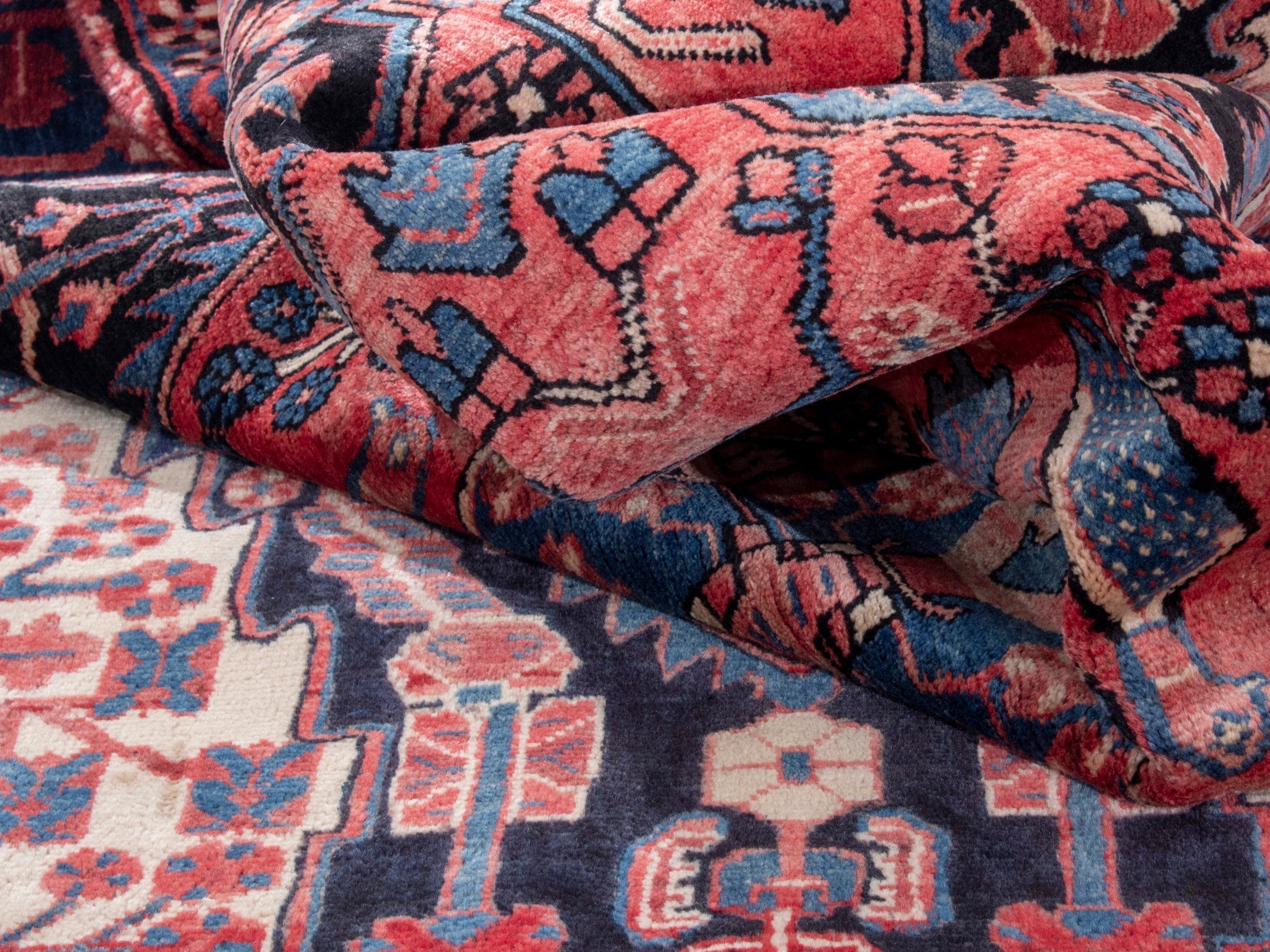 Persian Nahavand area rug in terracotta and dark blue, view 17 of 18