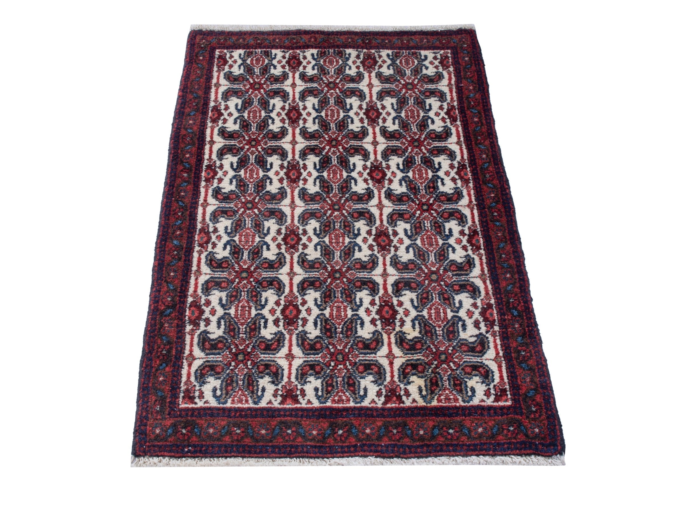 Persian Sanandaj accent rug in cream and burgundy, view 2 of 9