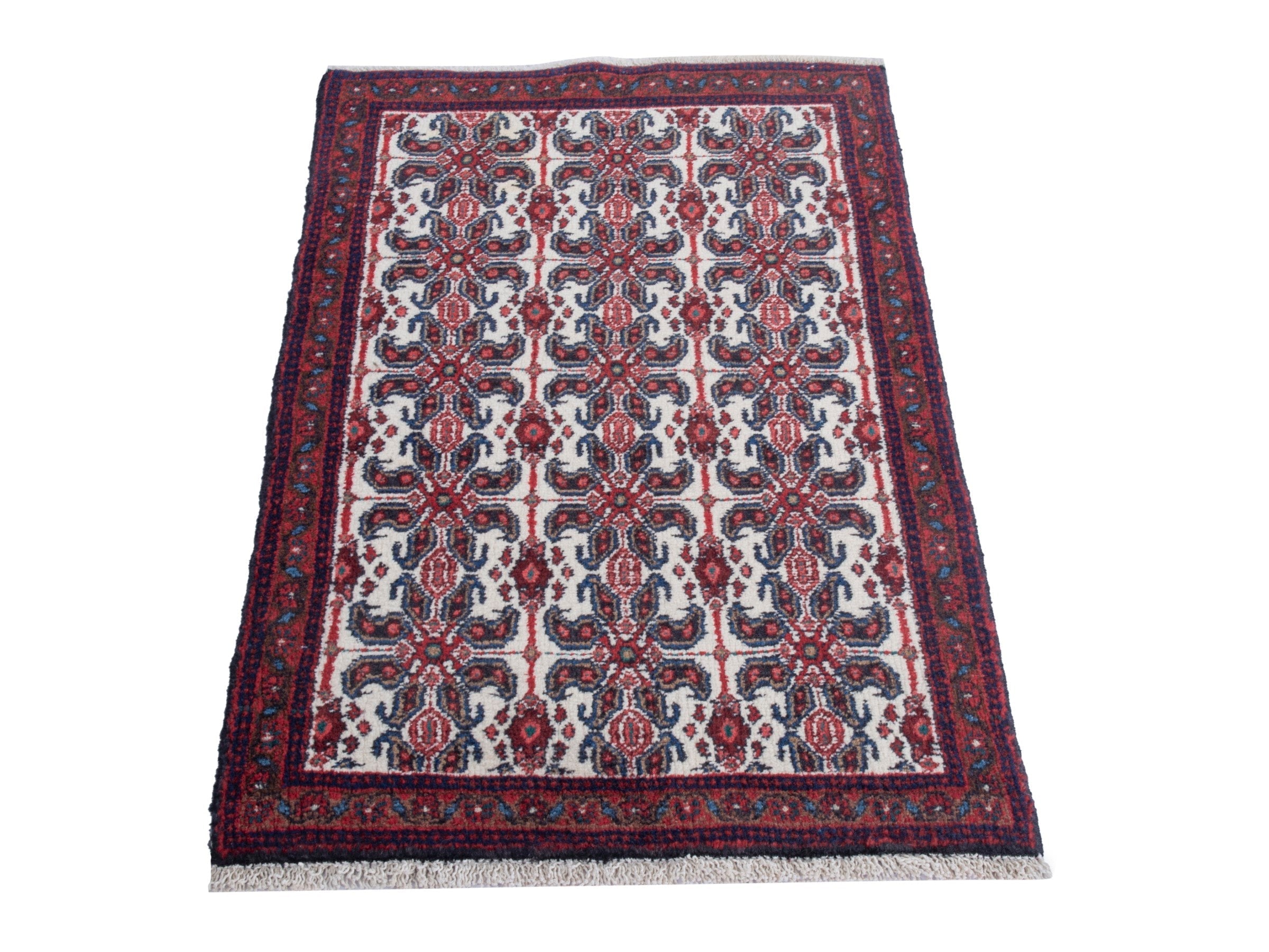 Persian Sanandaj accent rug in cream and burgundy, view 3 of 9