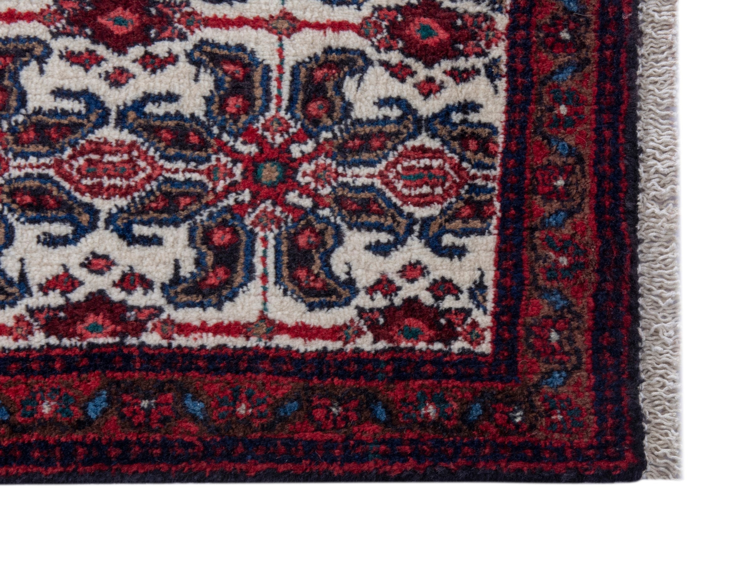 Persian Sanandaj accent rug in cream and burgundy, view 4 of 9