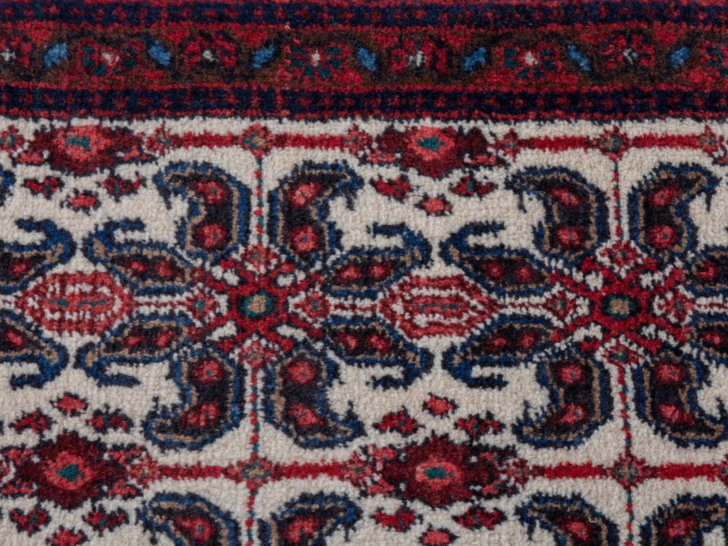 Persian Sanandaj accent rug in cream and burgundy, view 7 of 9