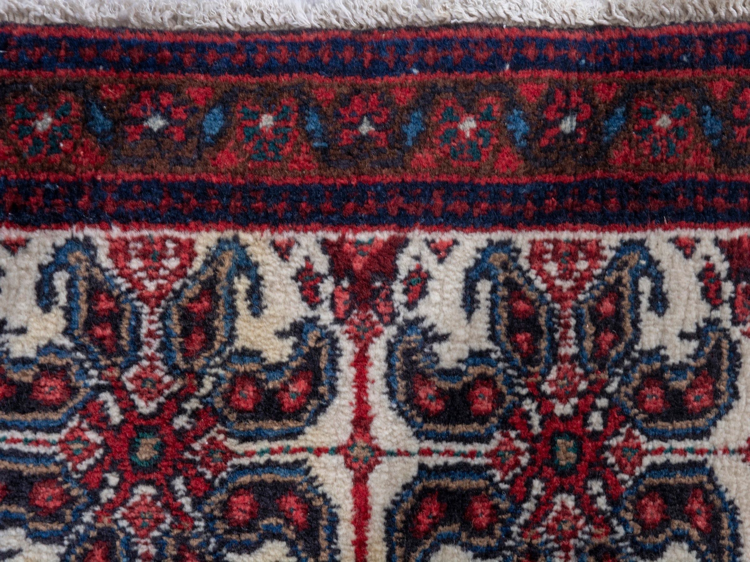 Persian Sanandaj accent rug in cream and burgundy, view 8 of 9