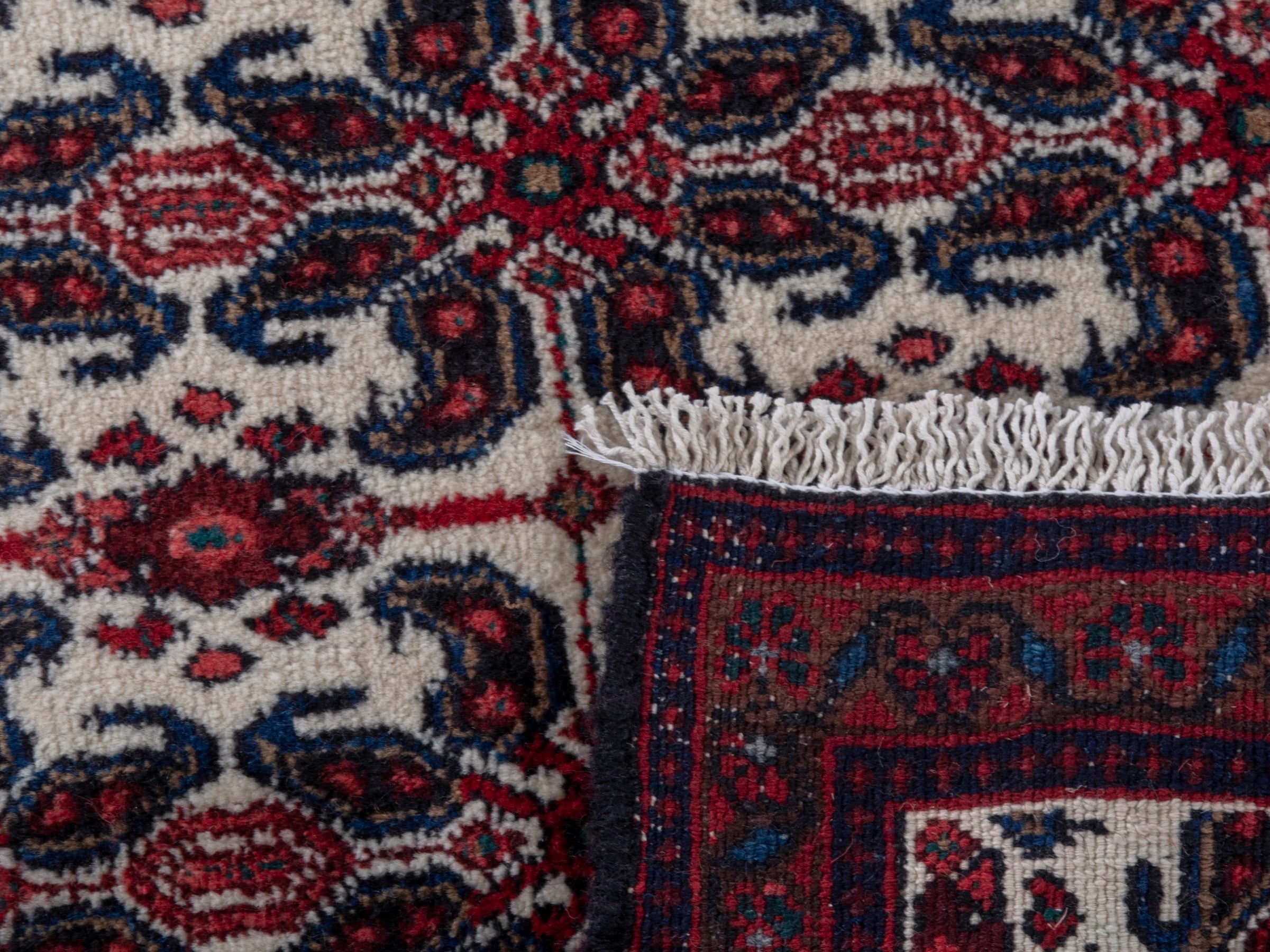 Persian Sanandaj accent rug in cream and burgundy, view 9 of 9