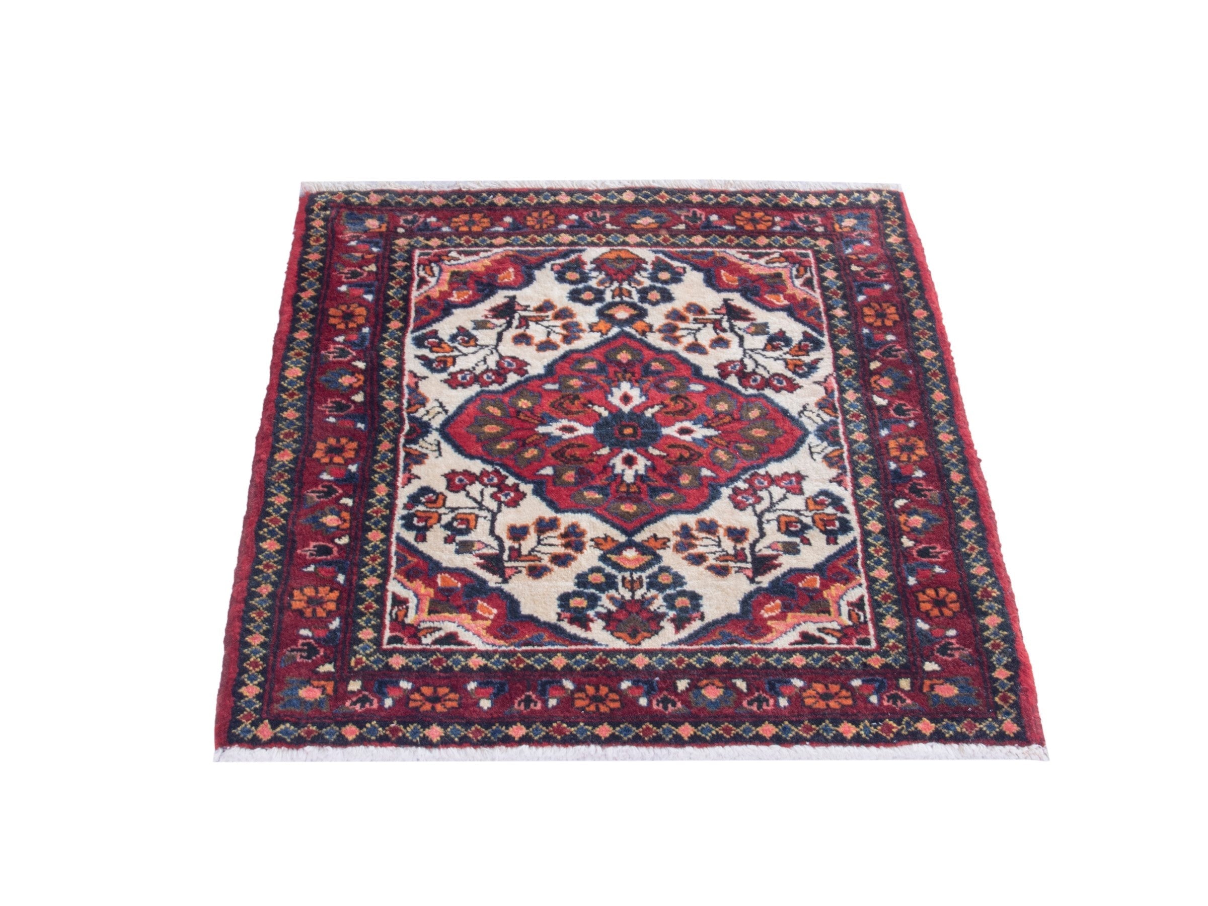 Persian Hamedan accent rug in deep red and ivory, view 2 of 9