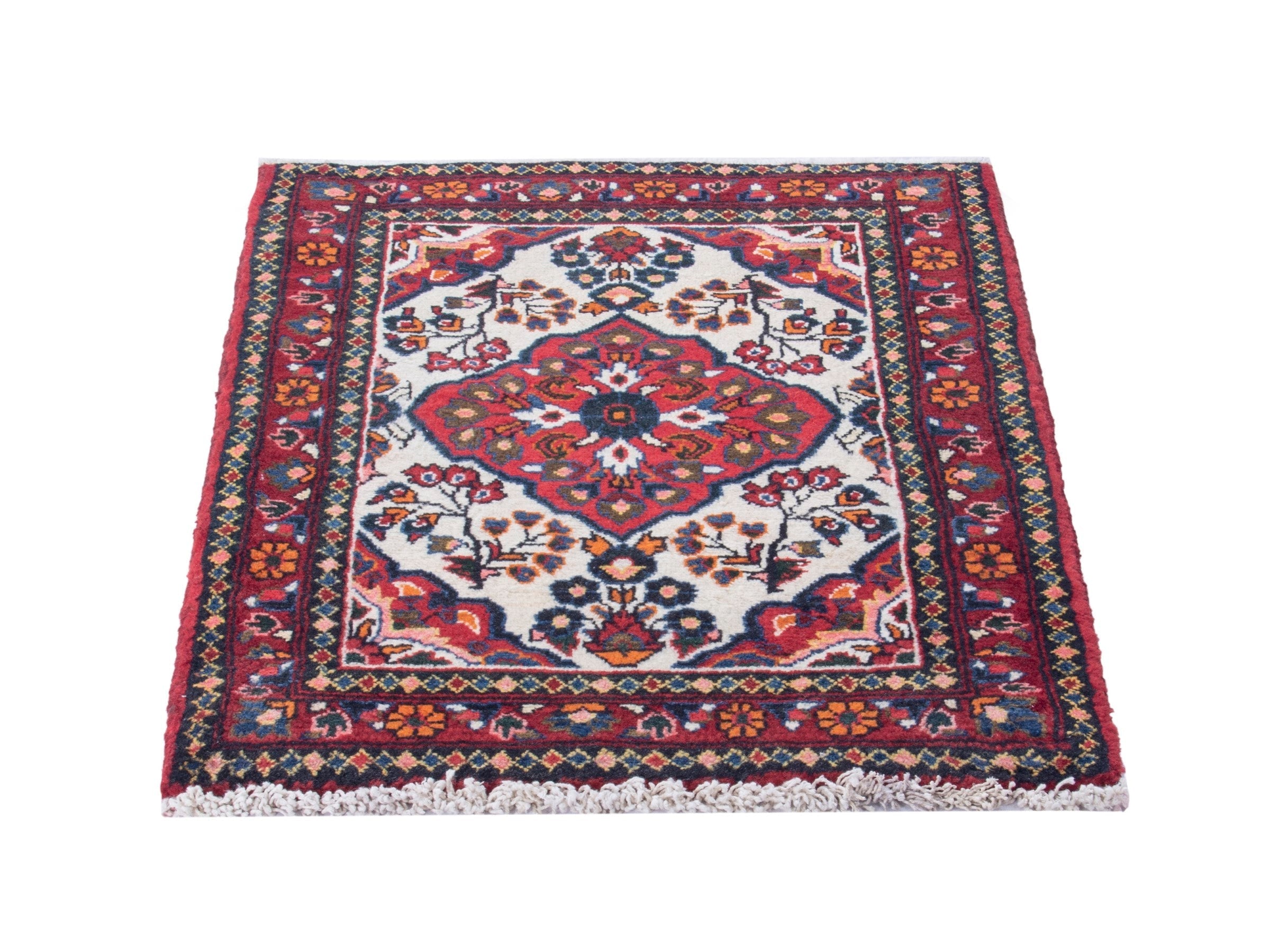 Persian Hamedan accent rug in deep red and ivory, view 3 of 9