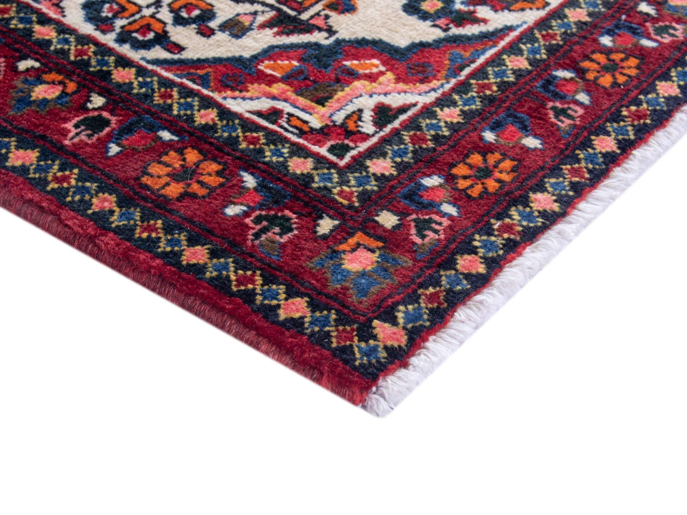 Persian Hamedan accent rug in deep red and ivory, view 5 of 9
