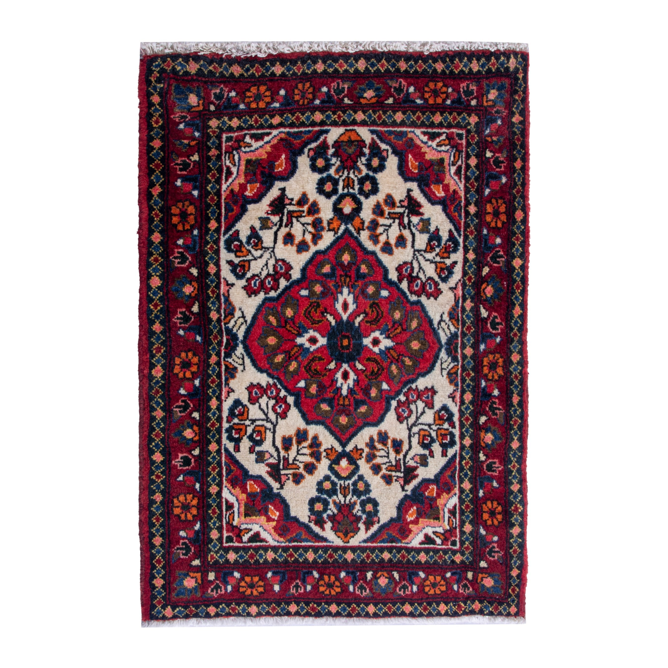 Persian Hamedan accent rug in deep red and ivory, 2' x 2'7"