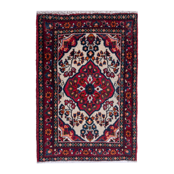 Persian Hamadan accent rug in deep red and ivory, 2' x 2'7"