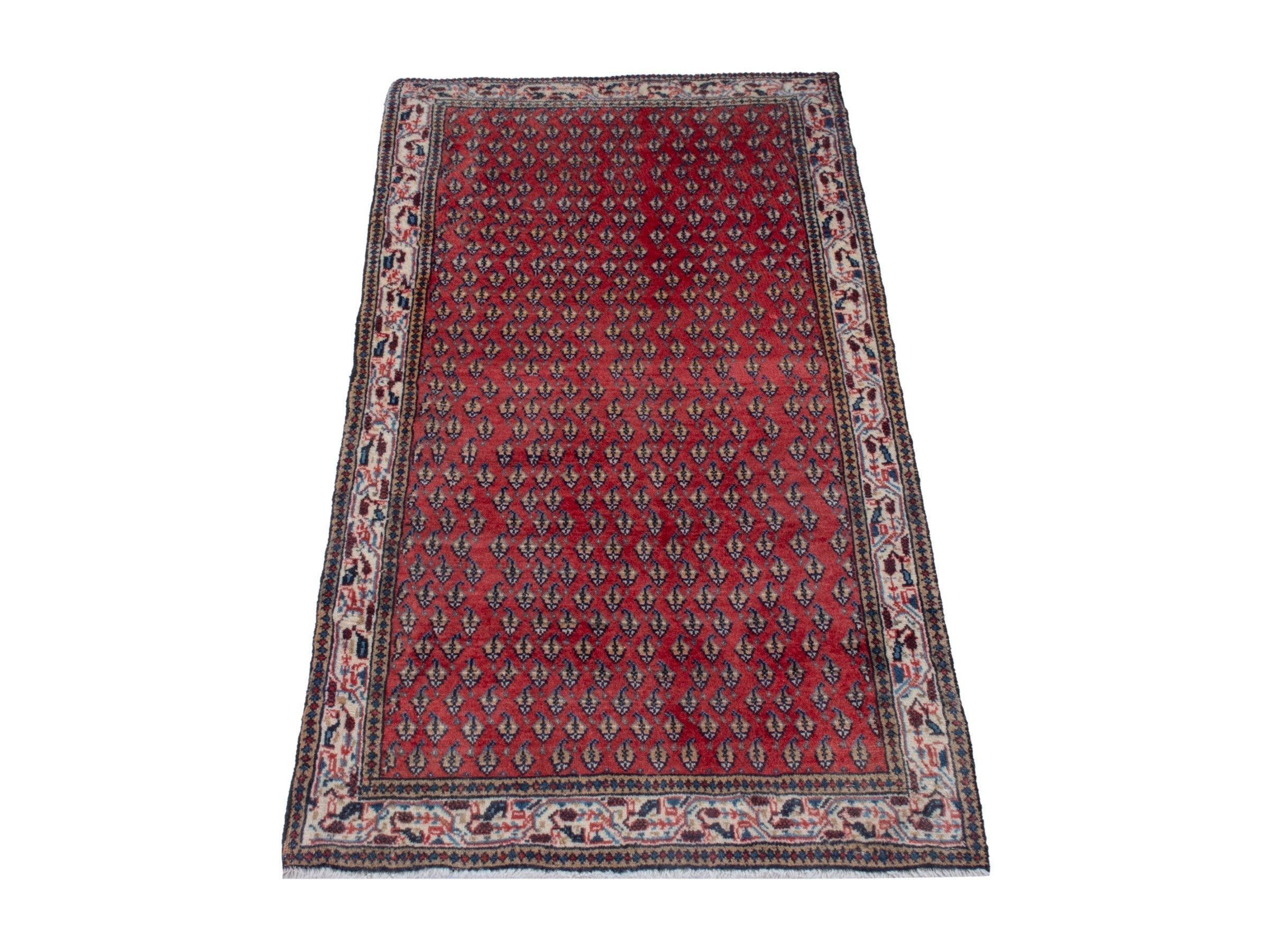 Persian Botteh accent rug in deep red and cream, view 3 of 7
