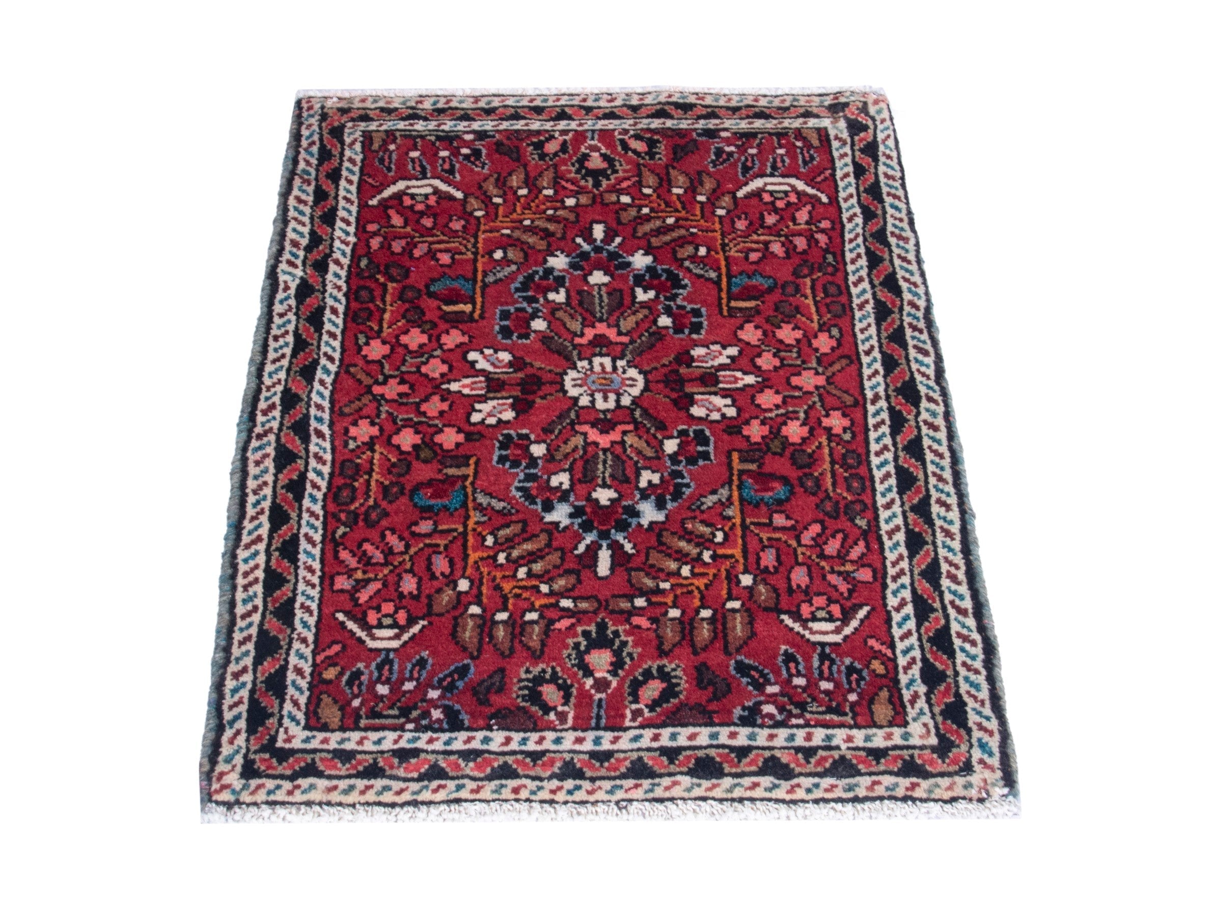 Persian Hamedan accent rug in burgundy and navy, view 2 of 8