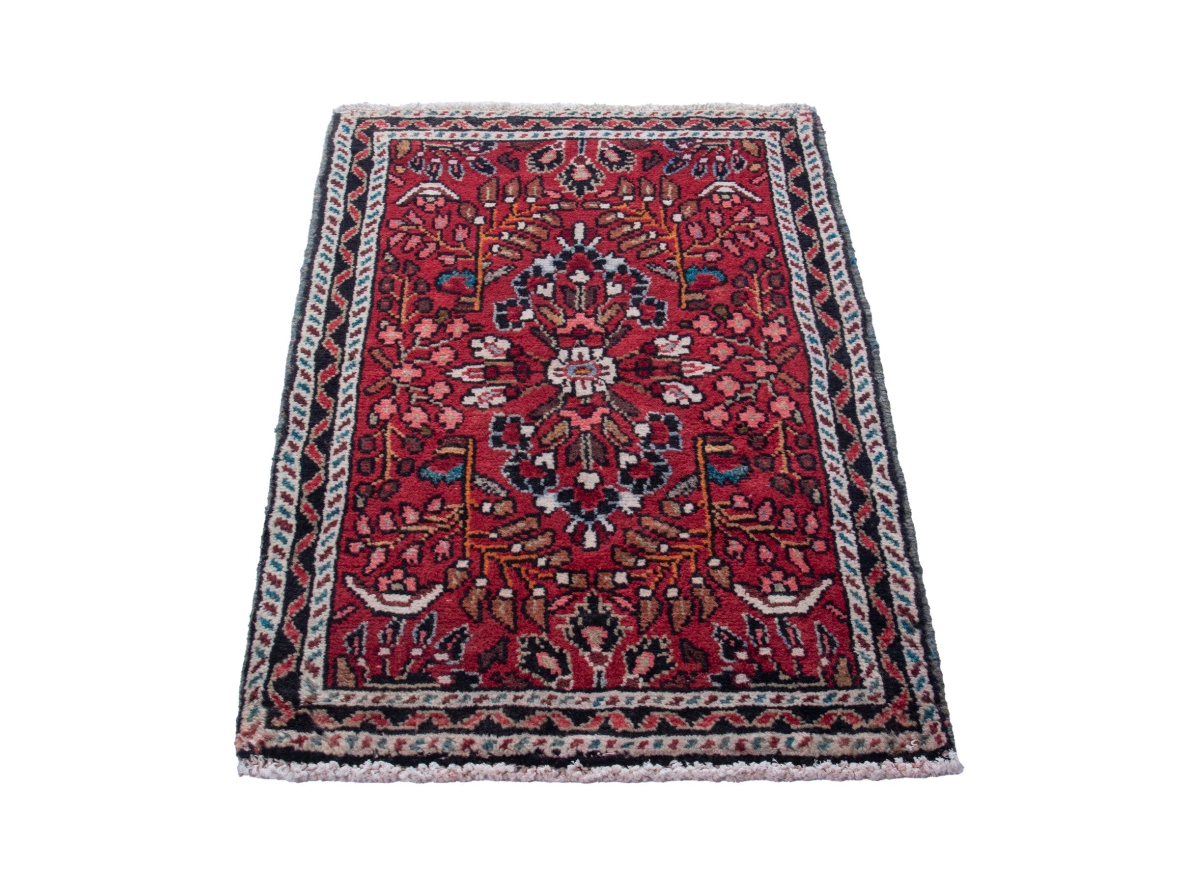 Persian Hamedan accent rug in burgundy and navy, view 3 of 8