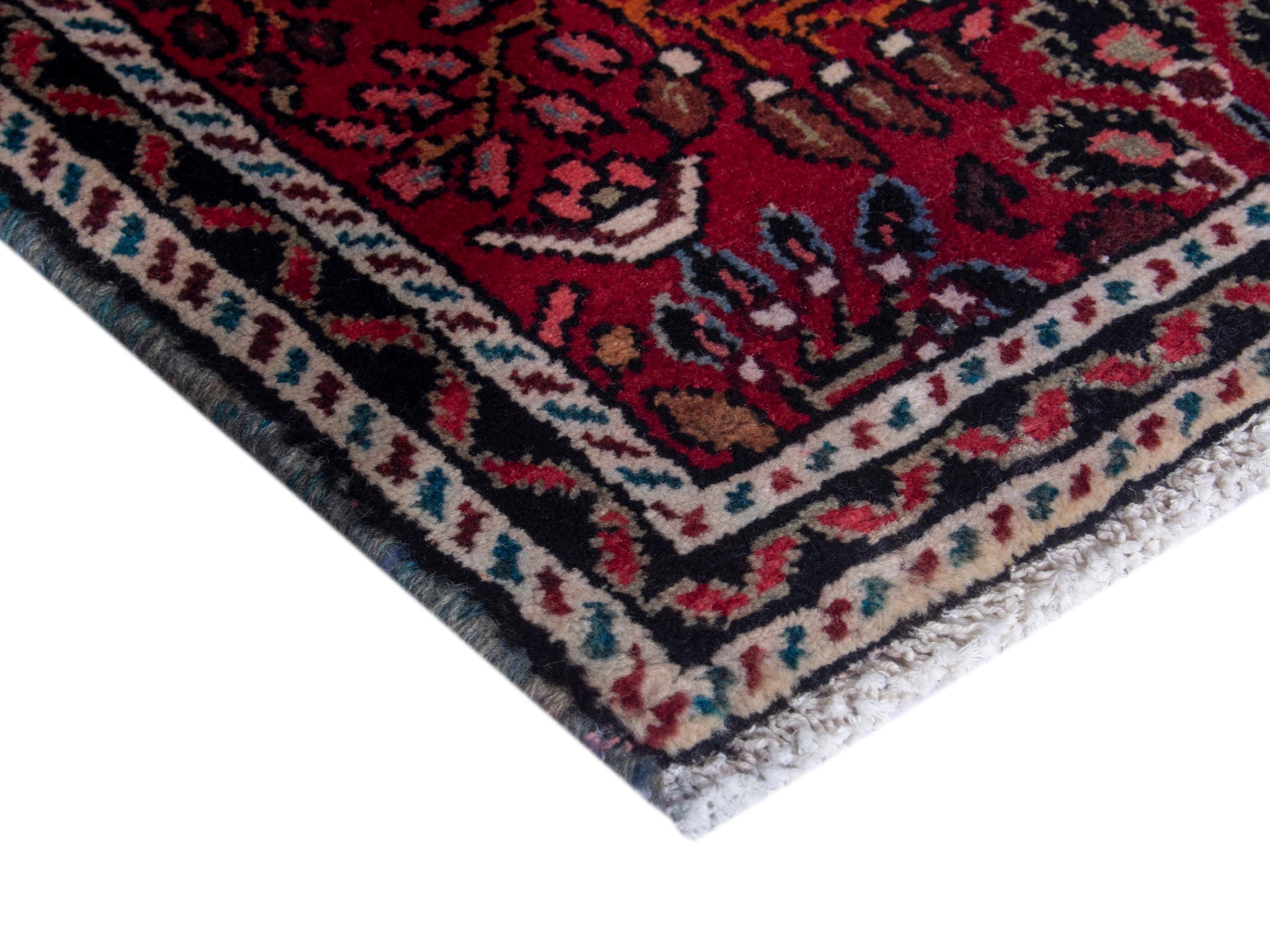 Persian Hamedan accent rug in burgundy and navy, view 5 of 8