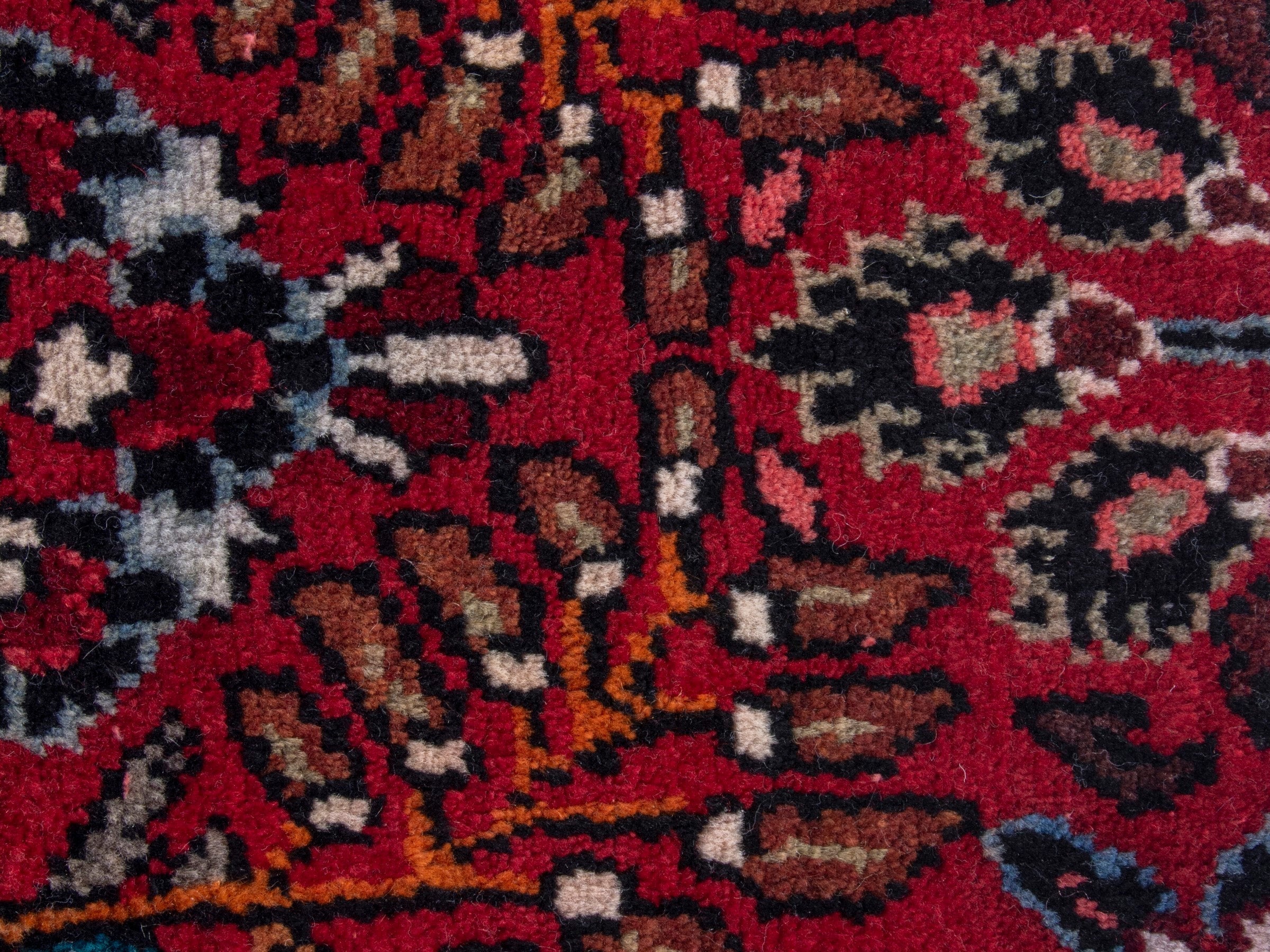 Persian Hamedan accent rug in burgundy and navy, view 6 of 8