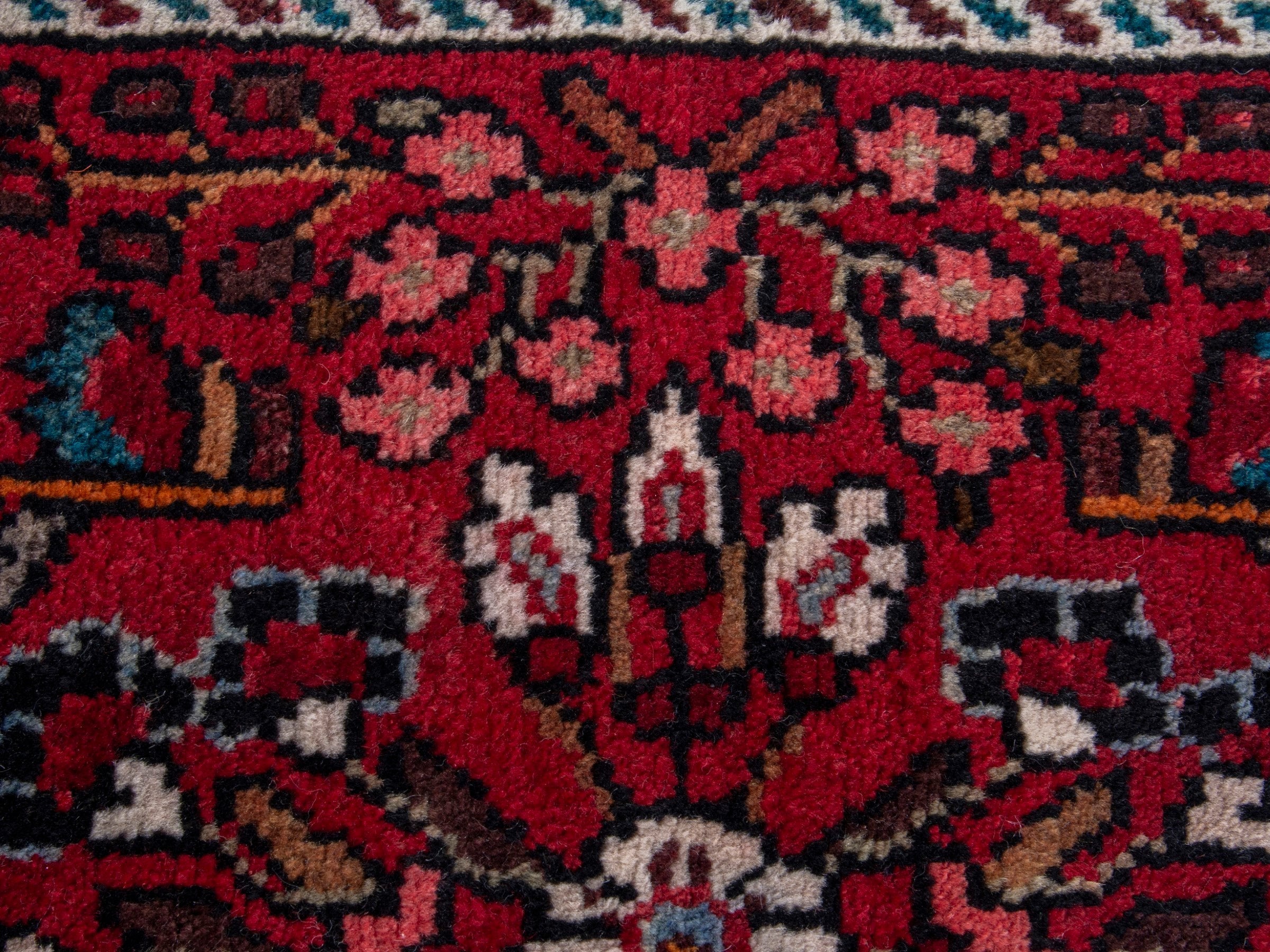 Persian Hamedan accent rug in burgundy and navy, view 7 of 8