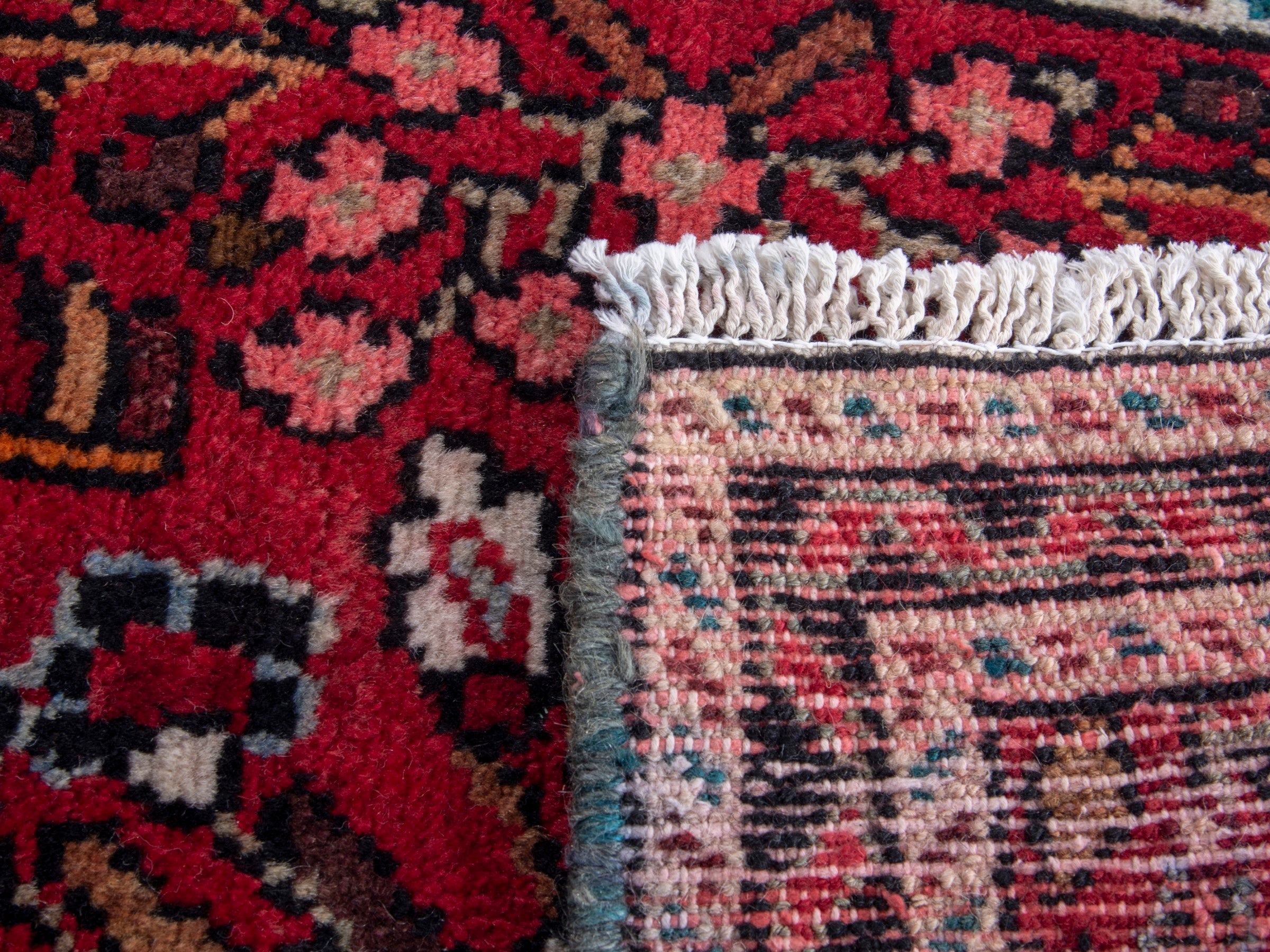 Persian Hamedan accent rug in burgundy and navy, view 8 of 8