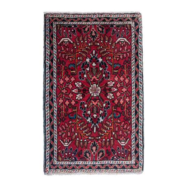 Persian Hamadan accent rug in burgundy and navy, 1'10" x 2'11"