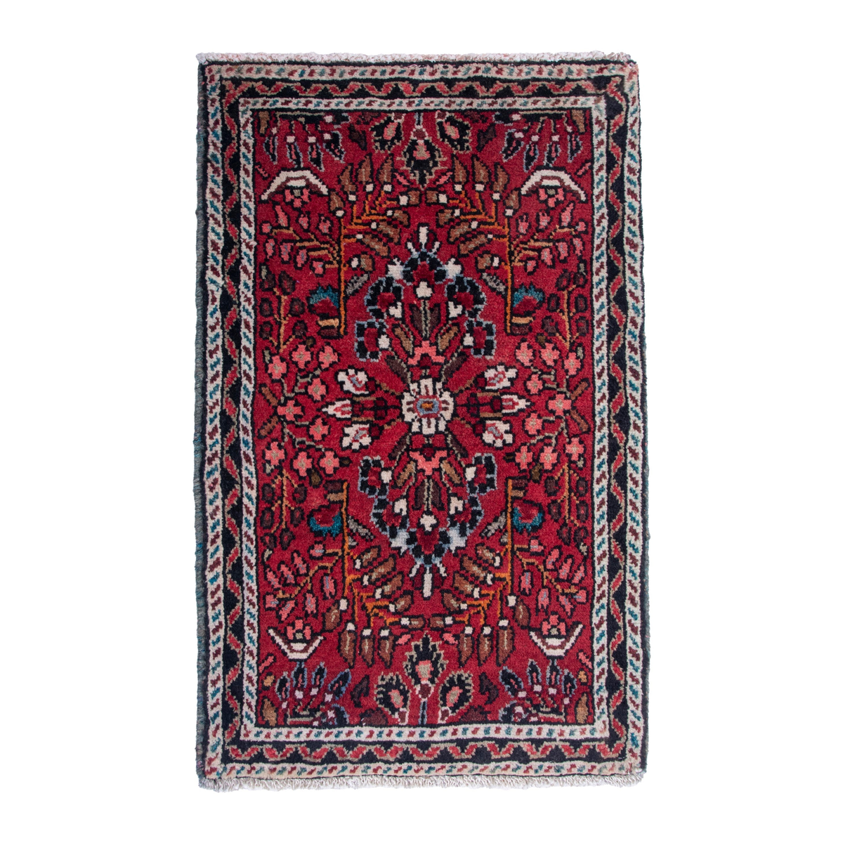 Persian Hamedan accent rug in burgundy and navy, 1'10" x 2'11"